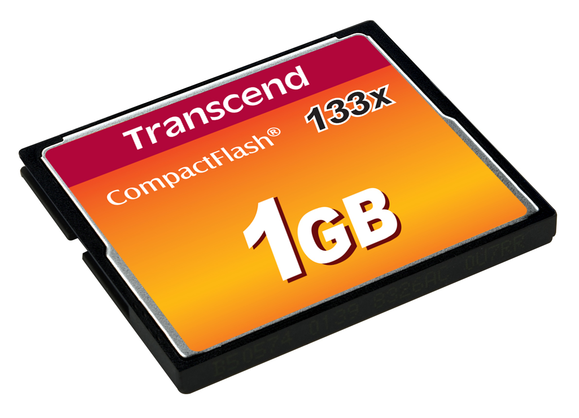 Una tarjeta de memoria Transcend 1GB CompactFlash 133x sobre fondo blanco.