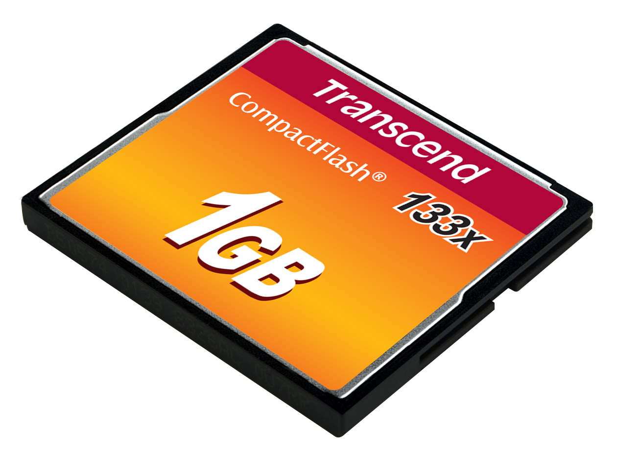 Tarjeta de memoria Transcend 1GB CompactFlash 133x con etiqueta naranja y roja.