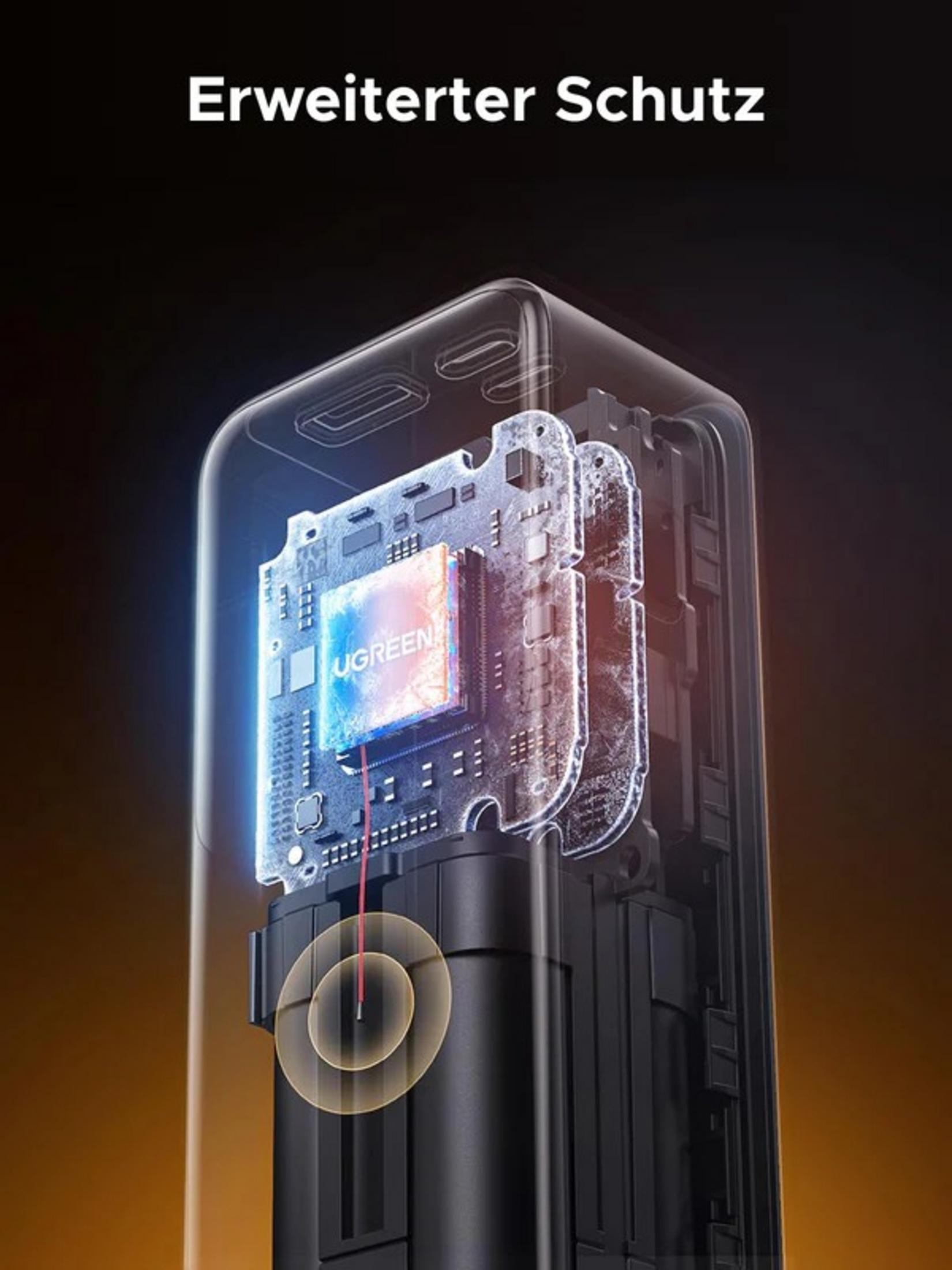 Un involucro trasparente rivela una scheda elettronica luminosa con logo UGREEN.