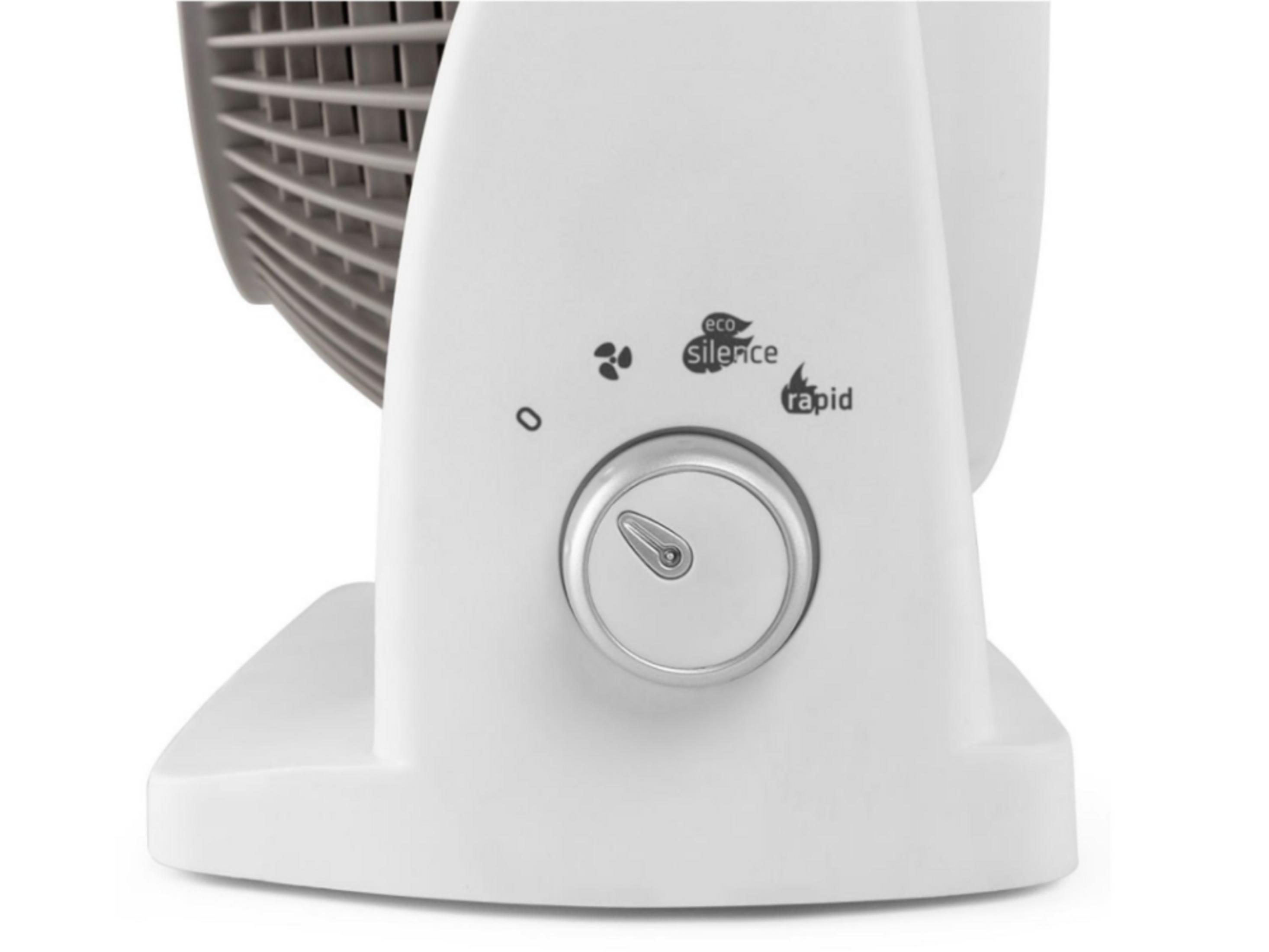 Primer plano del dial de control de un ventilador blanco con iconos de velocidad.