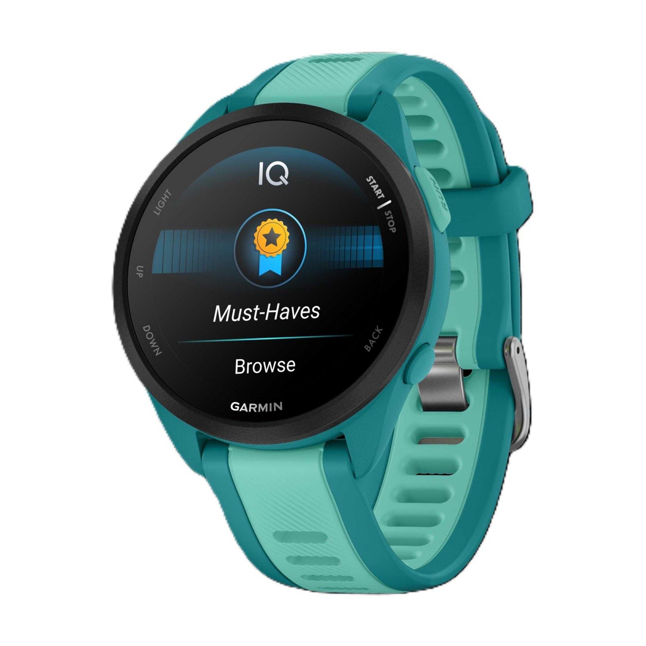 Een turkooizen smartwatch met 'IQ Must-Haves' en 'Browse' op het scherm.