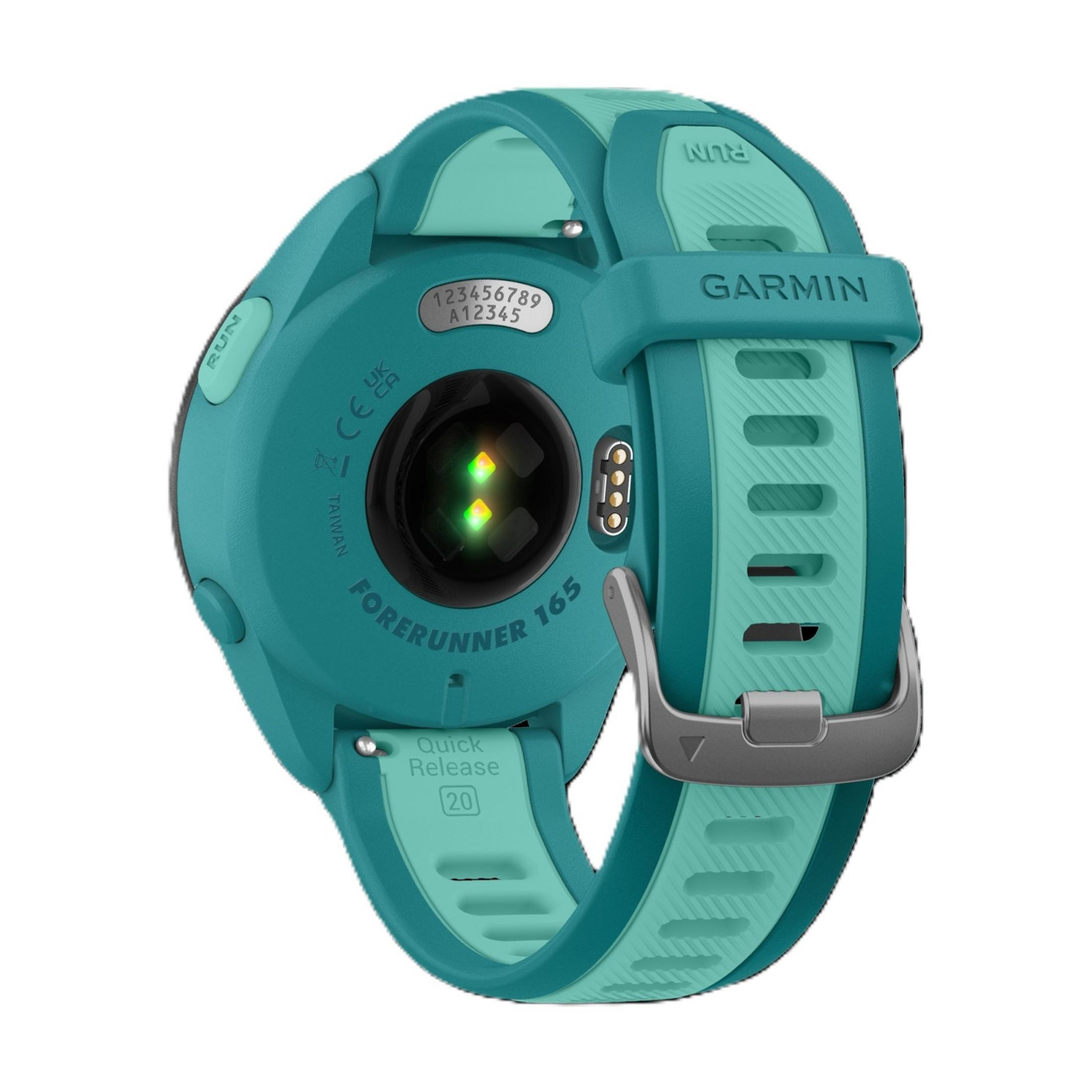 Turquoise Garmin Forerunner 165 met hartslagsensor en "Quick Release".
