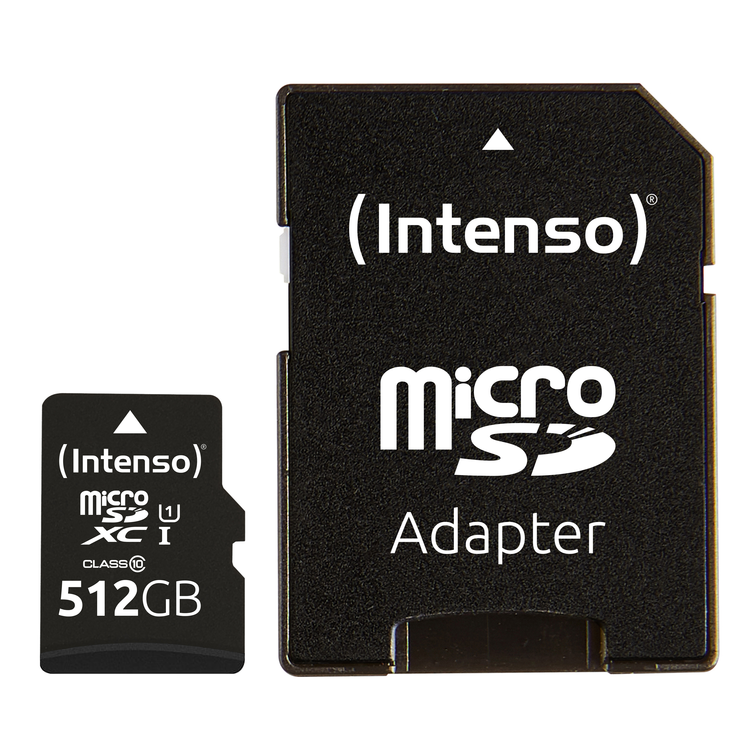Deux adaptateurs de carte Micro SD Intenso, un 512 Go, sur fond blanc.