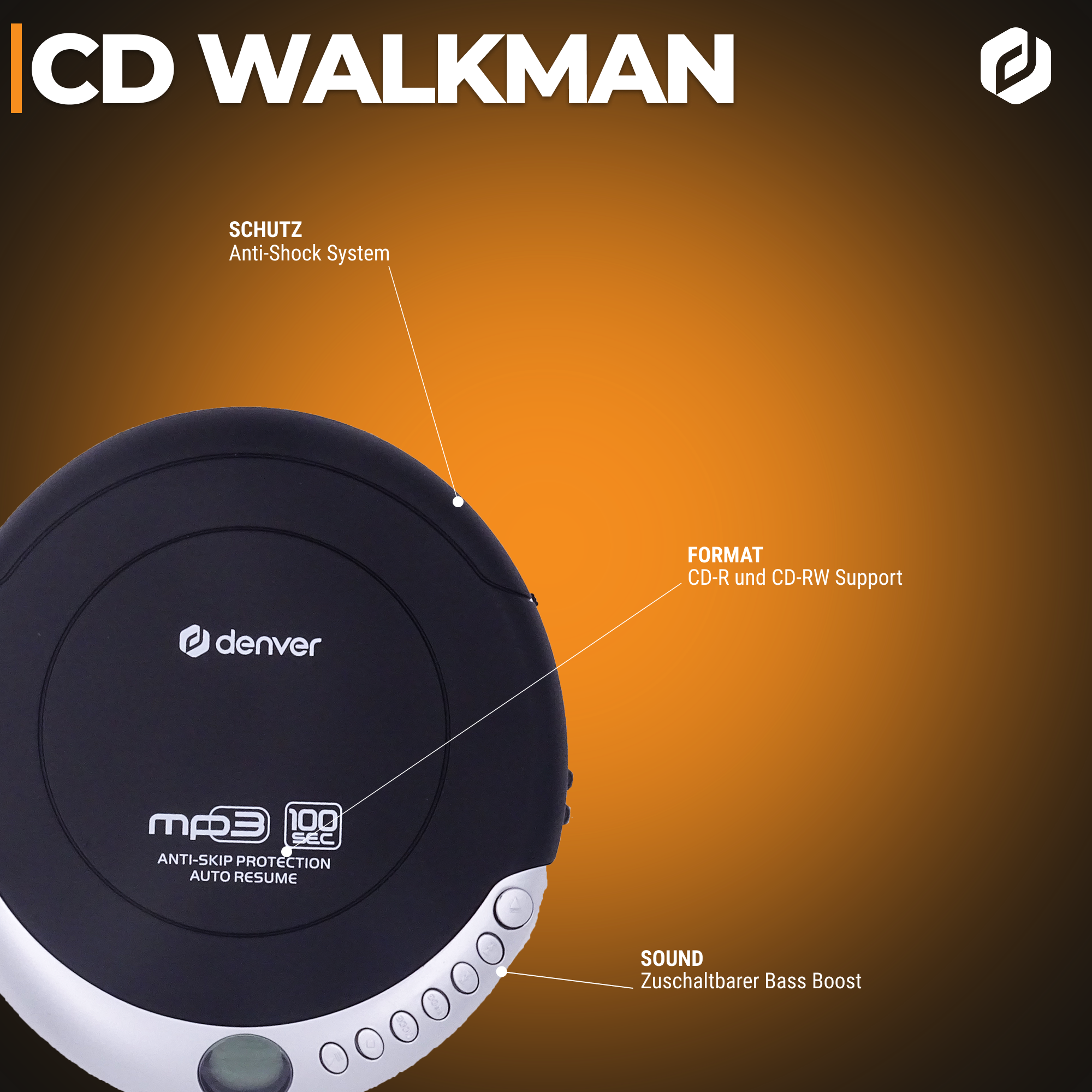 Ein schwarzer Denver CD-Walkman mit silbernen Bedienelementen und Beschriftungen.