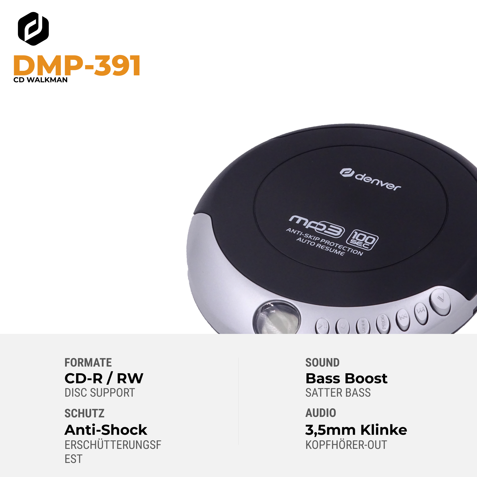Ein schwarzer Denver CD-Walkman DMP-391 mit silbernen Akzenten und Bedienelementen.