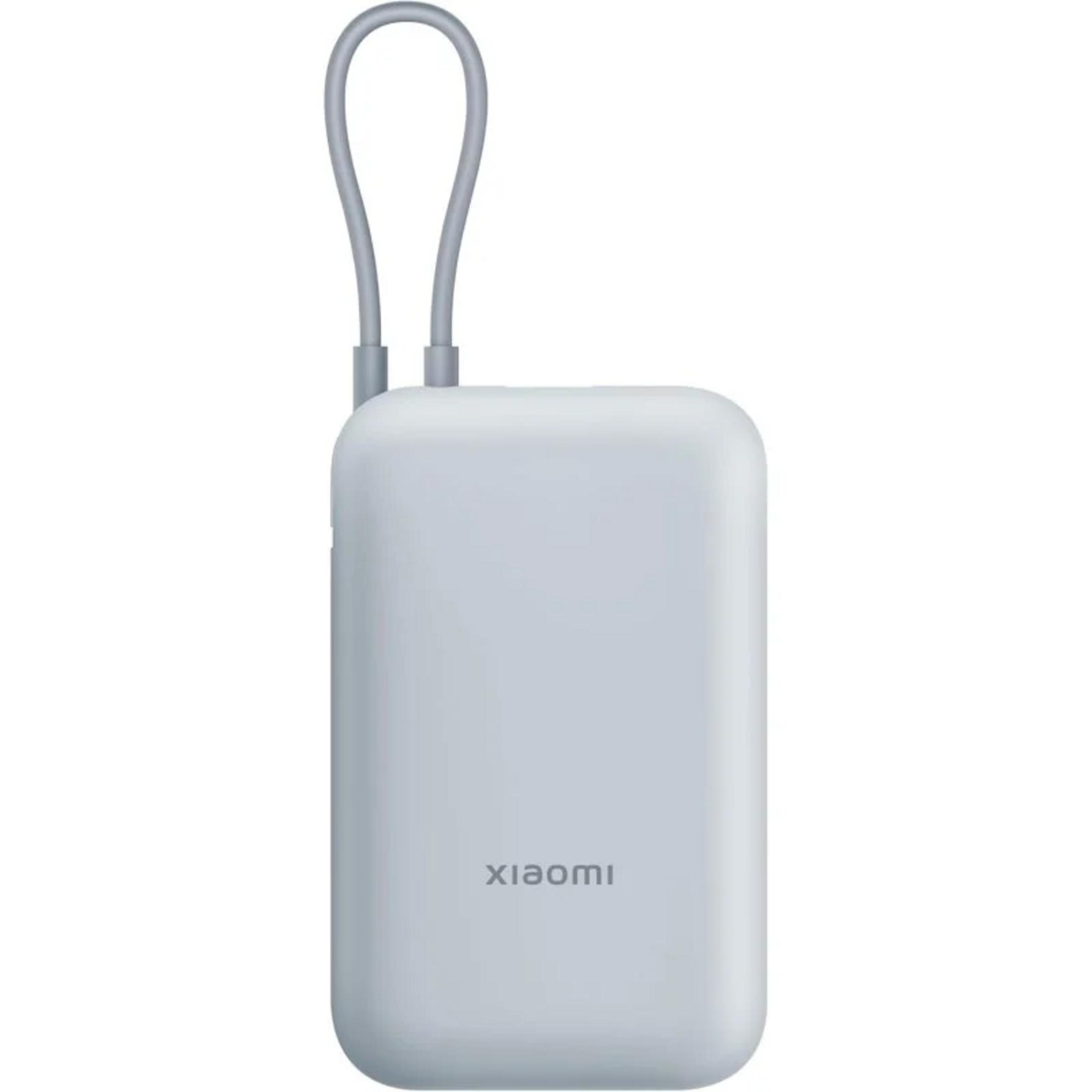 Jasnoszara powerbanka Xiaomi z pętlą, na białym tle.