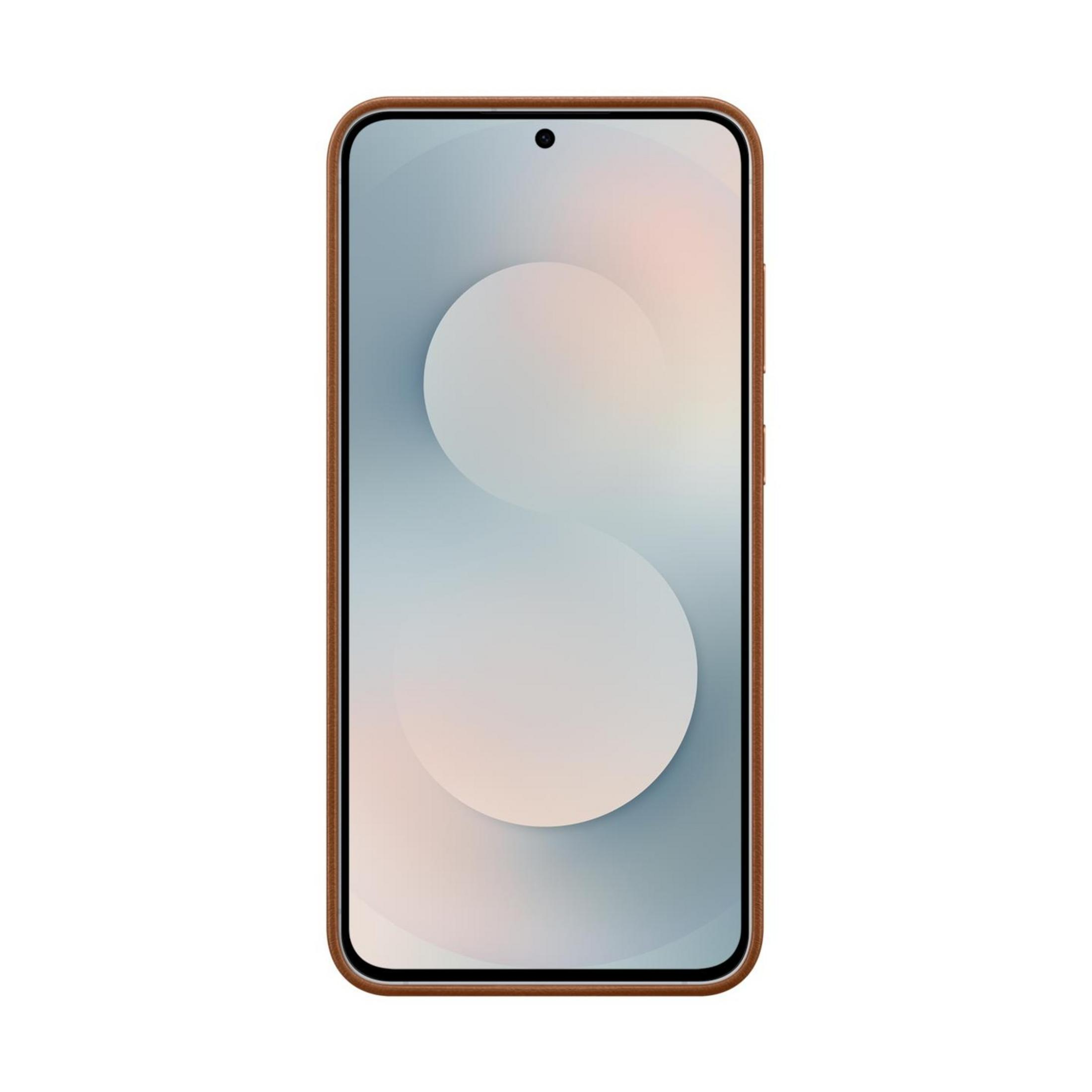 Un smartphone marrón con pantalla completa, sobre un fondo blanco.