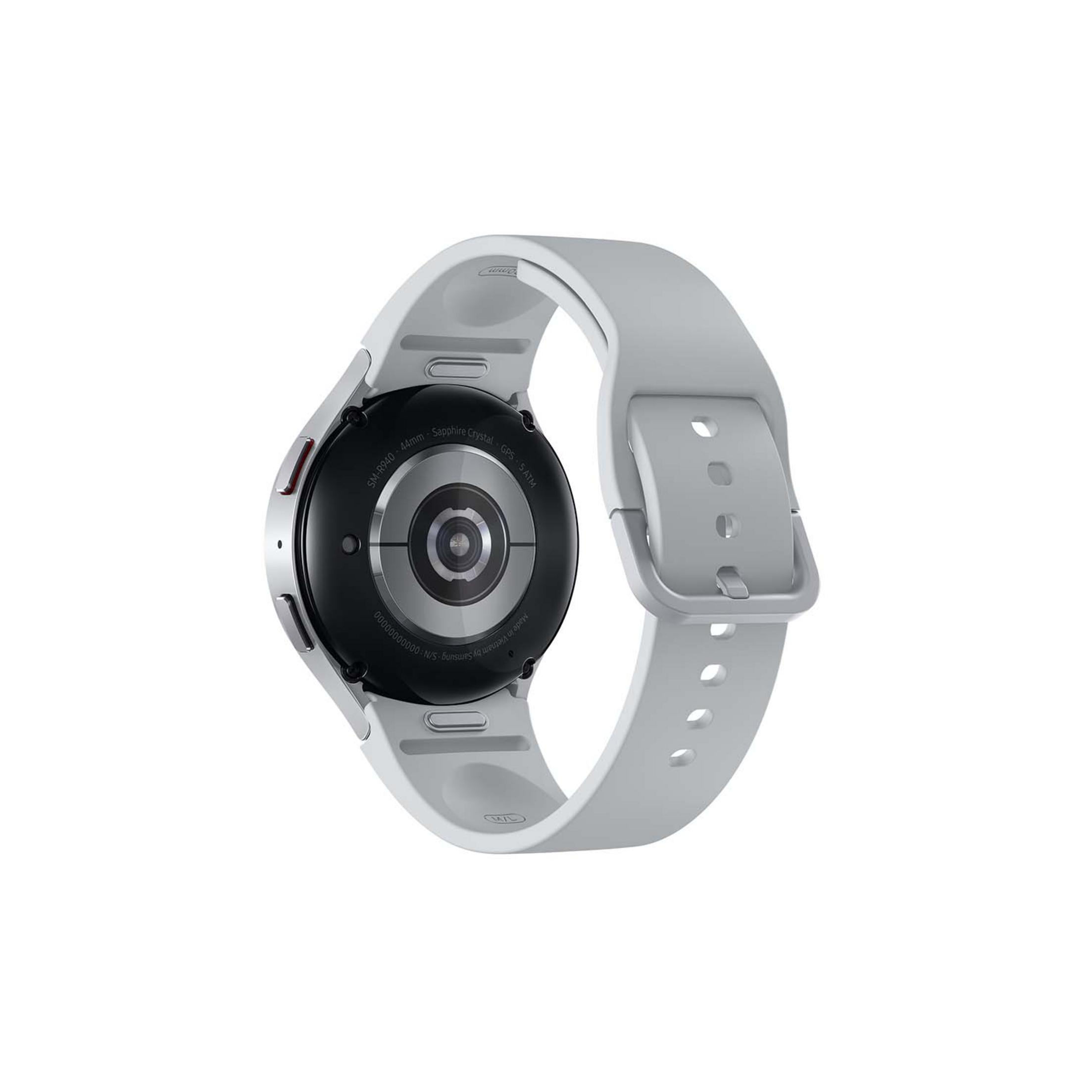 Rückseite einer grauen Smartwatch mit schwarzem Display und Lünette.