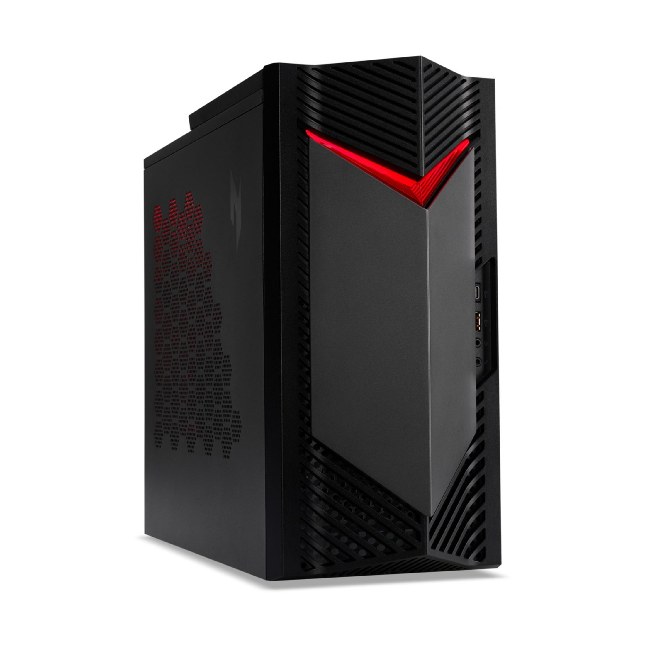 PC da gaming nero con luci d'accento rosse e griglie di ventilazione.