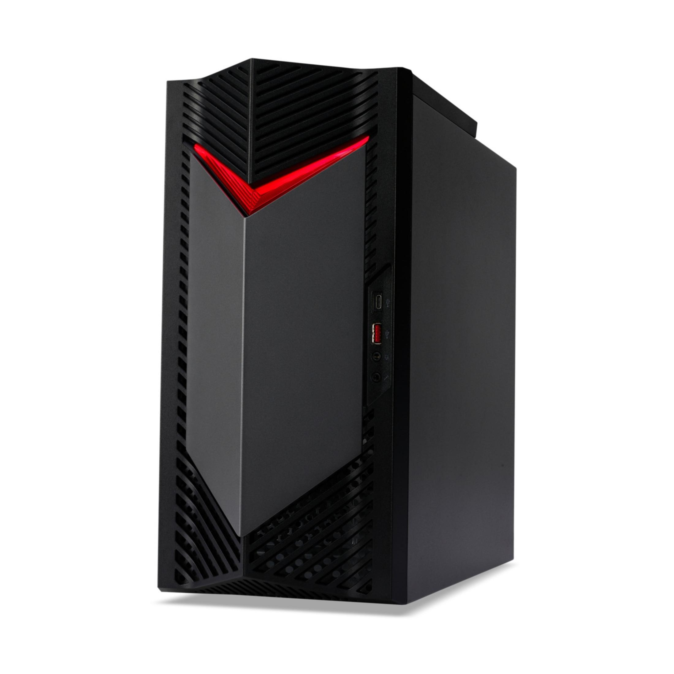 PC desktop nero con illuminazione a LED rossa e porte USB frontali.