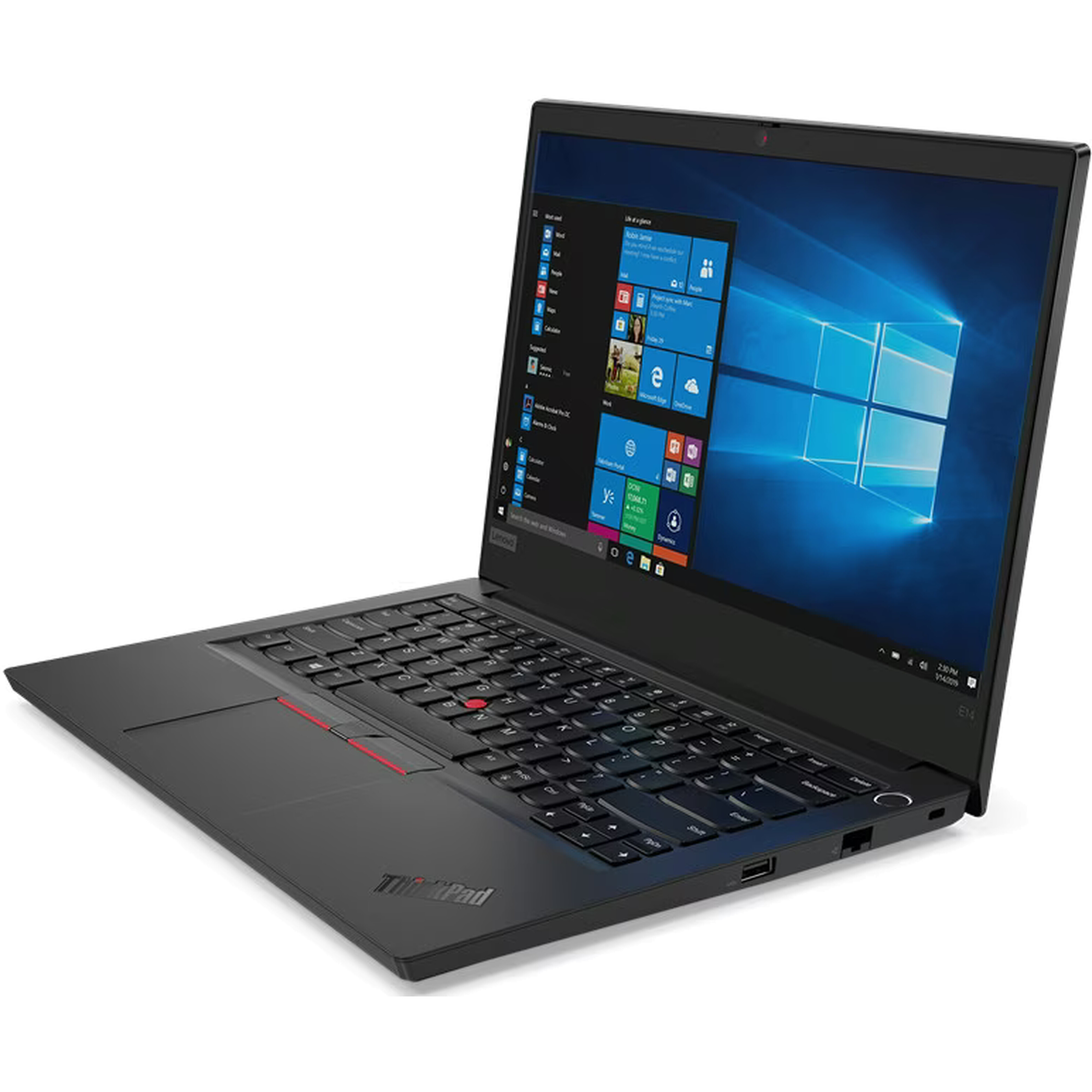 Zwarte Lenovo ThinkPad laptop open, met toetsenbord en scherm met Windows 10.