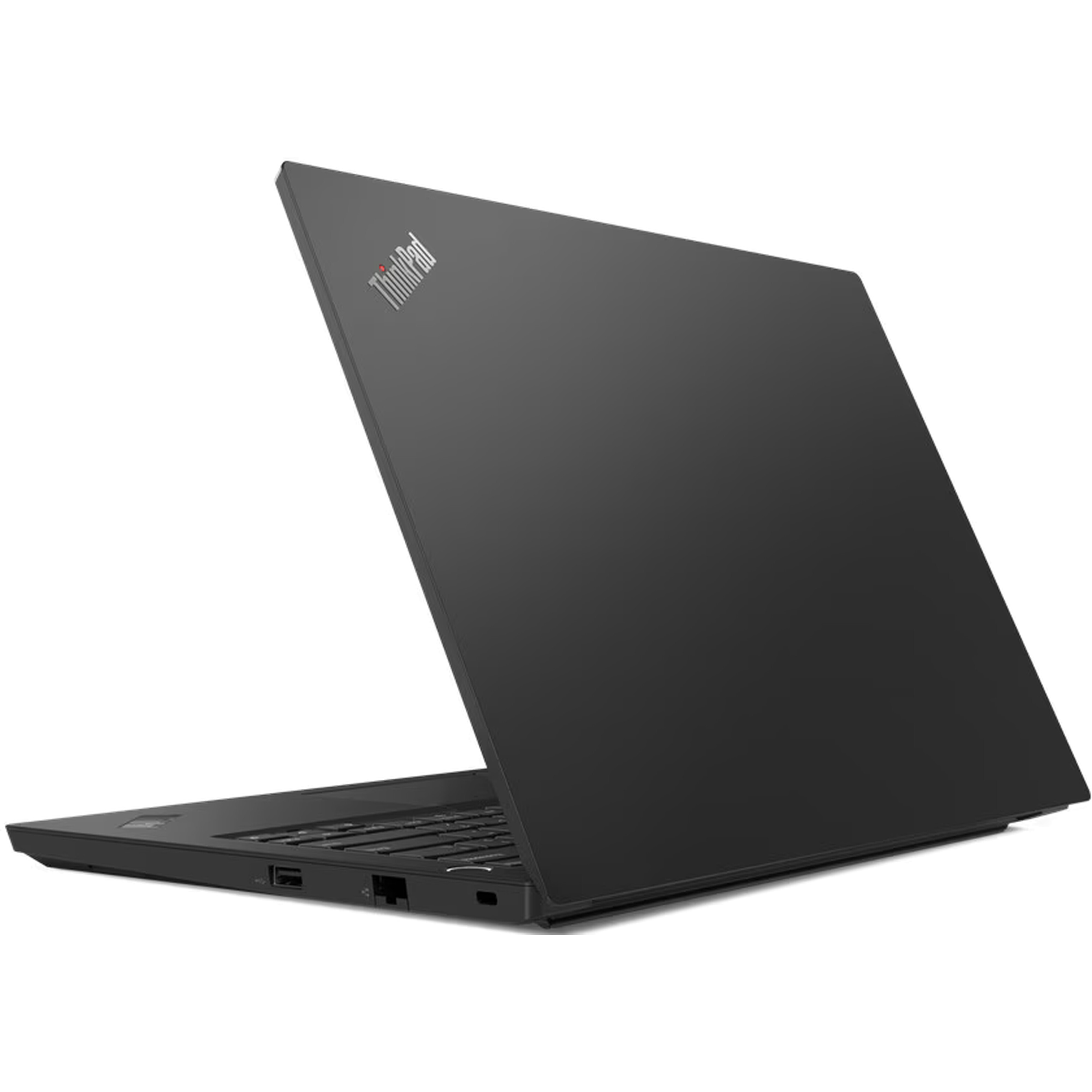 Een zwarte Lenovo ThinkPad laptop met open deksel op een witte achtergrond.