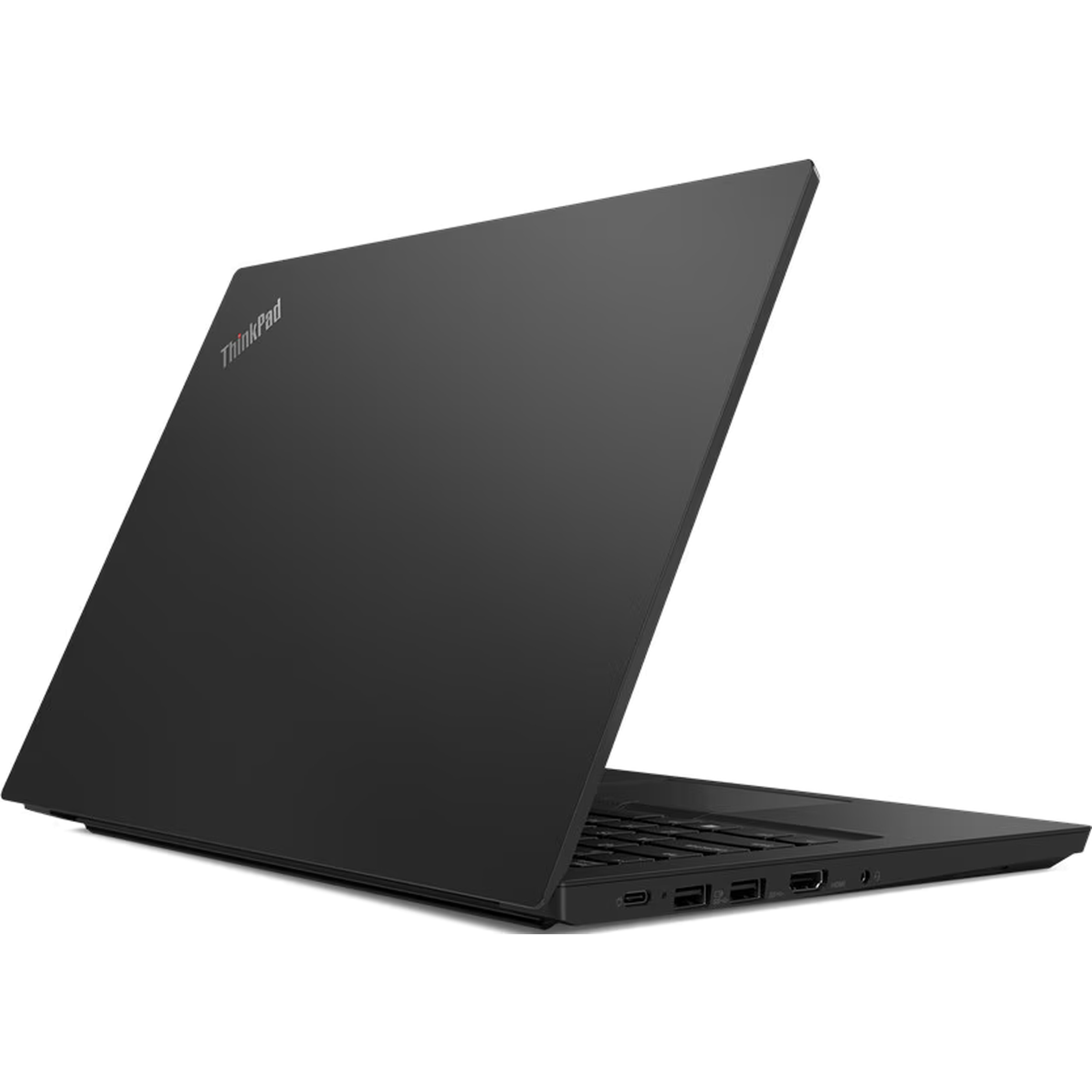 Zwarte Lenovo ThinkPad laptop, gedeeltelijk geopend, met poorten aan de zijkant.