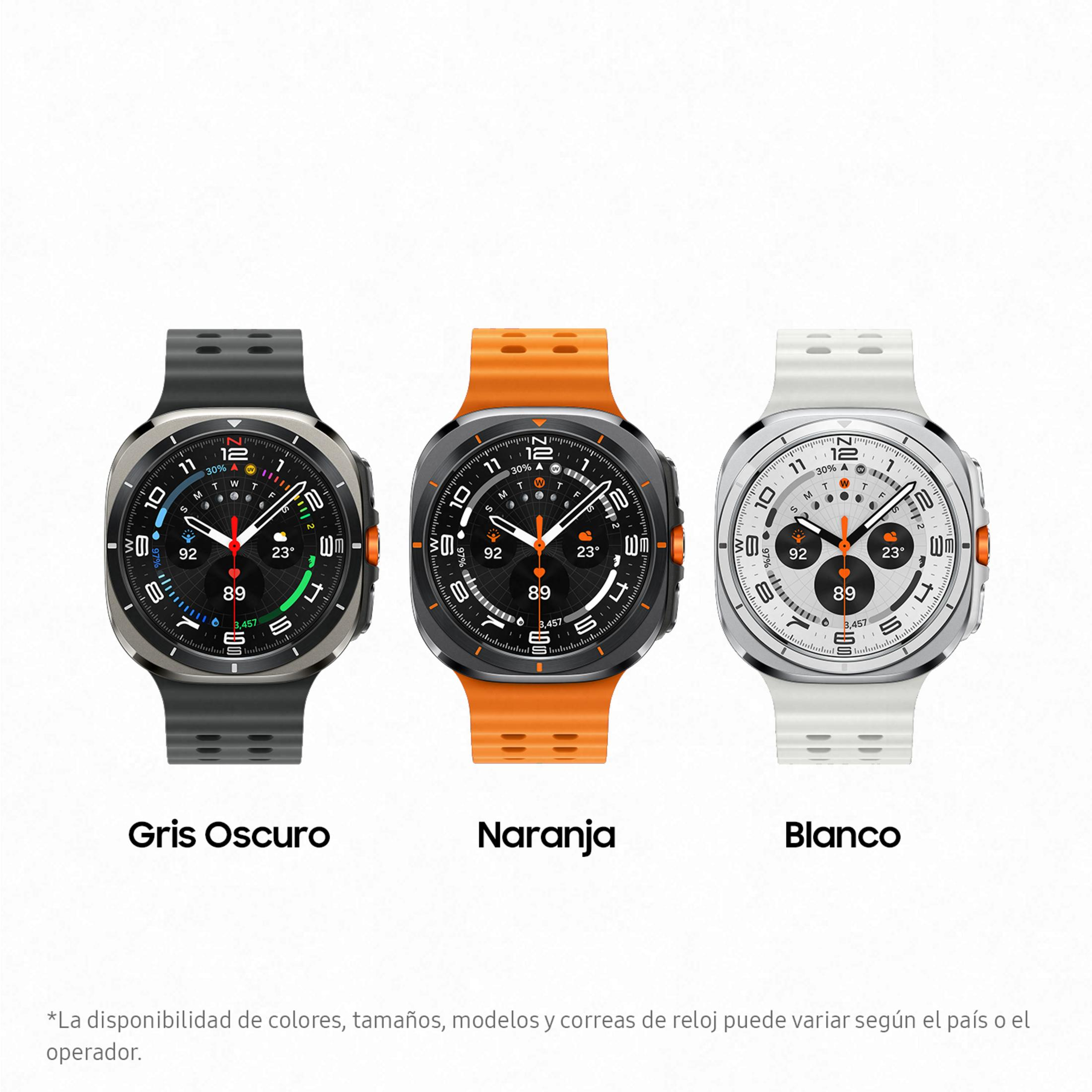 Tres relojes inteligentes en gris oscuro, naranja y blanco, expuestos uno al lado del otro.