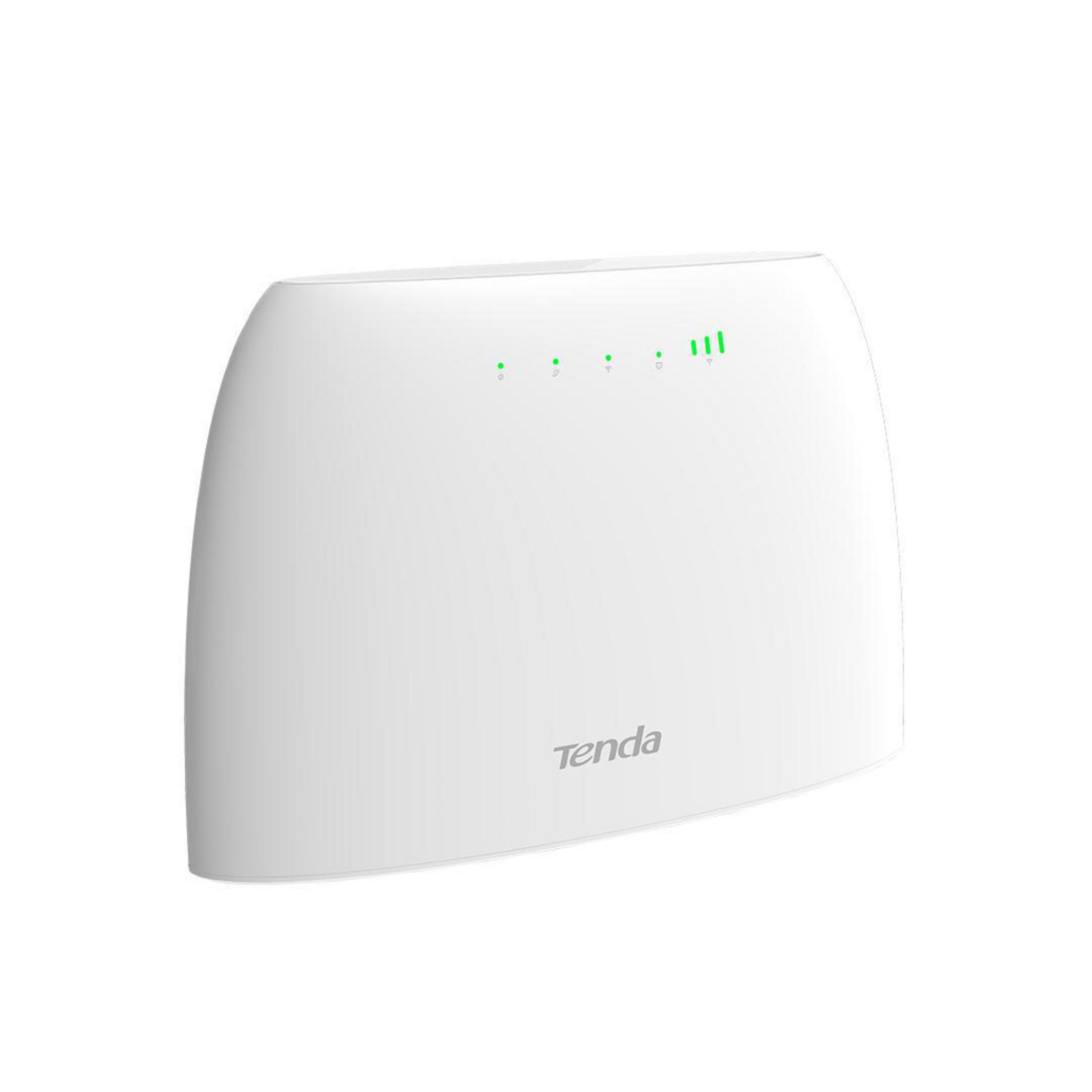 Un router Tenda bianco con indicatori LED verdi e una barra del segnale.