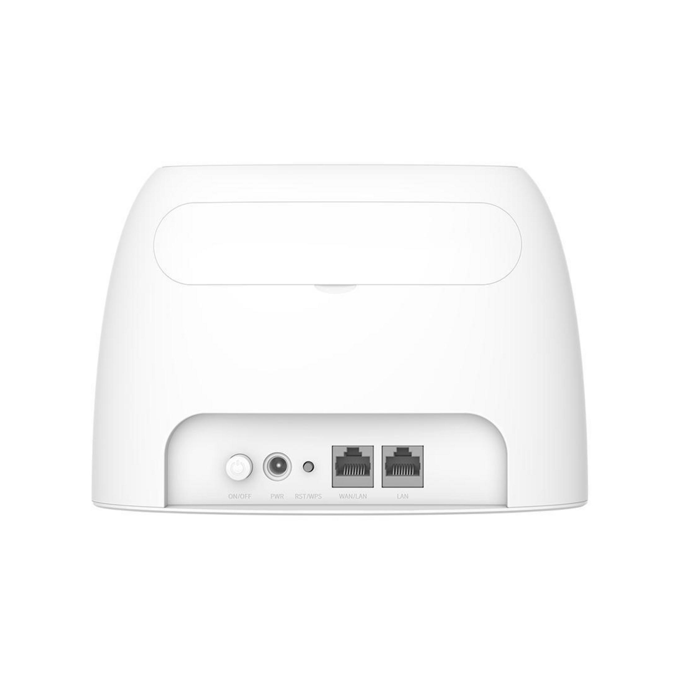 Un router bianco con porte per alimentazione, reset e Ethernet.