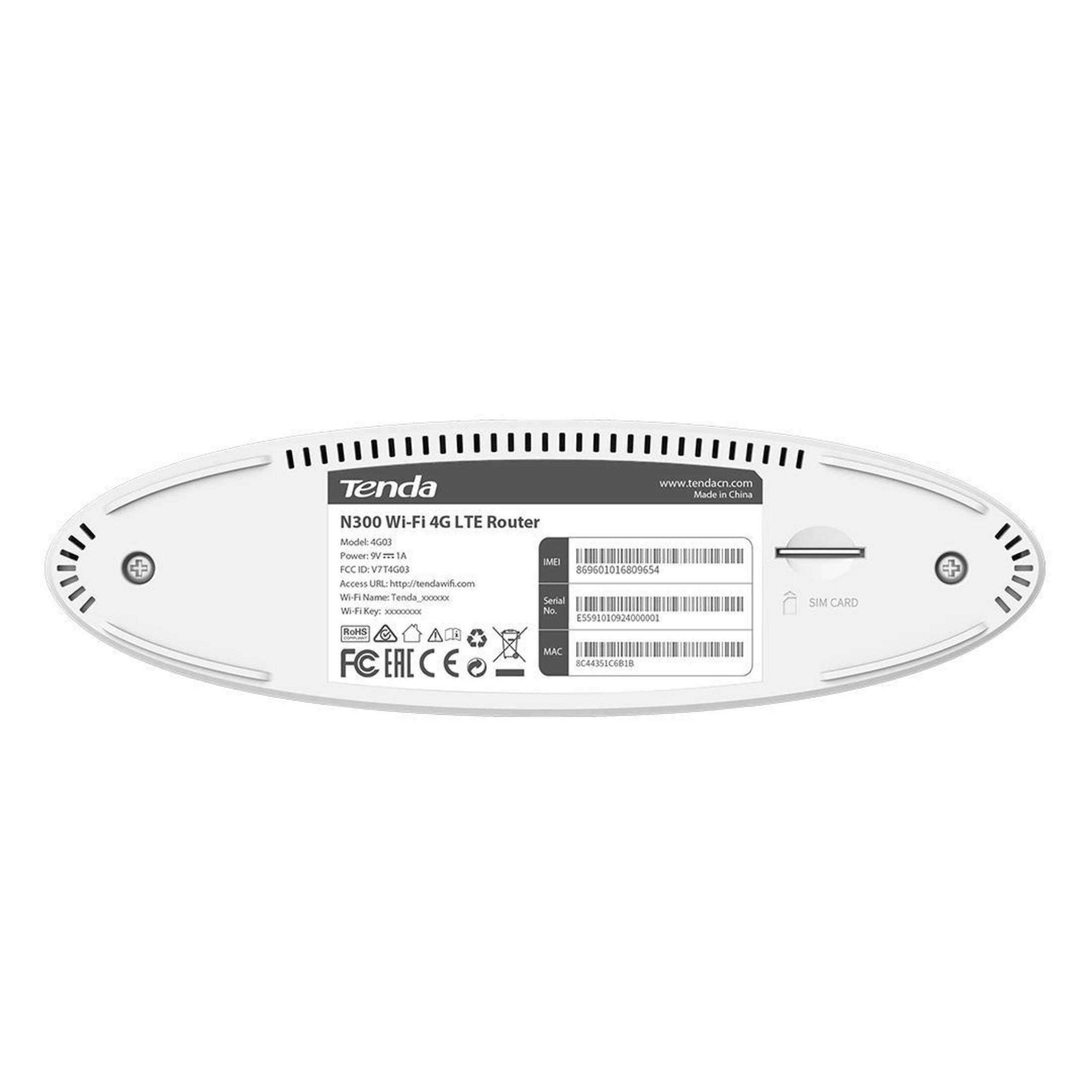 Retro di un router Tenda 4G03 LTE bianco con indirizzo modello, seriale e MAC.