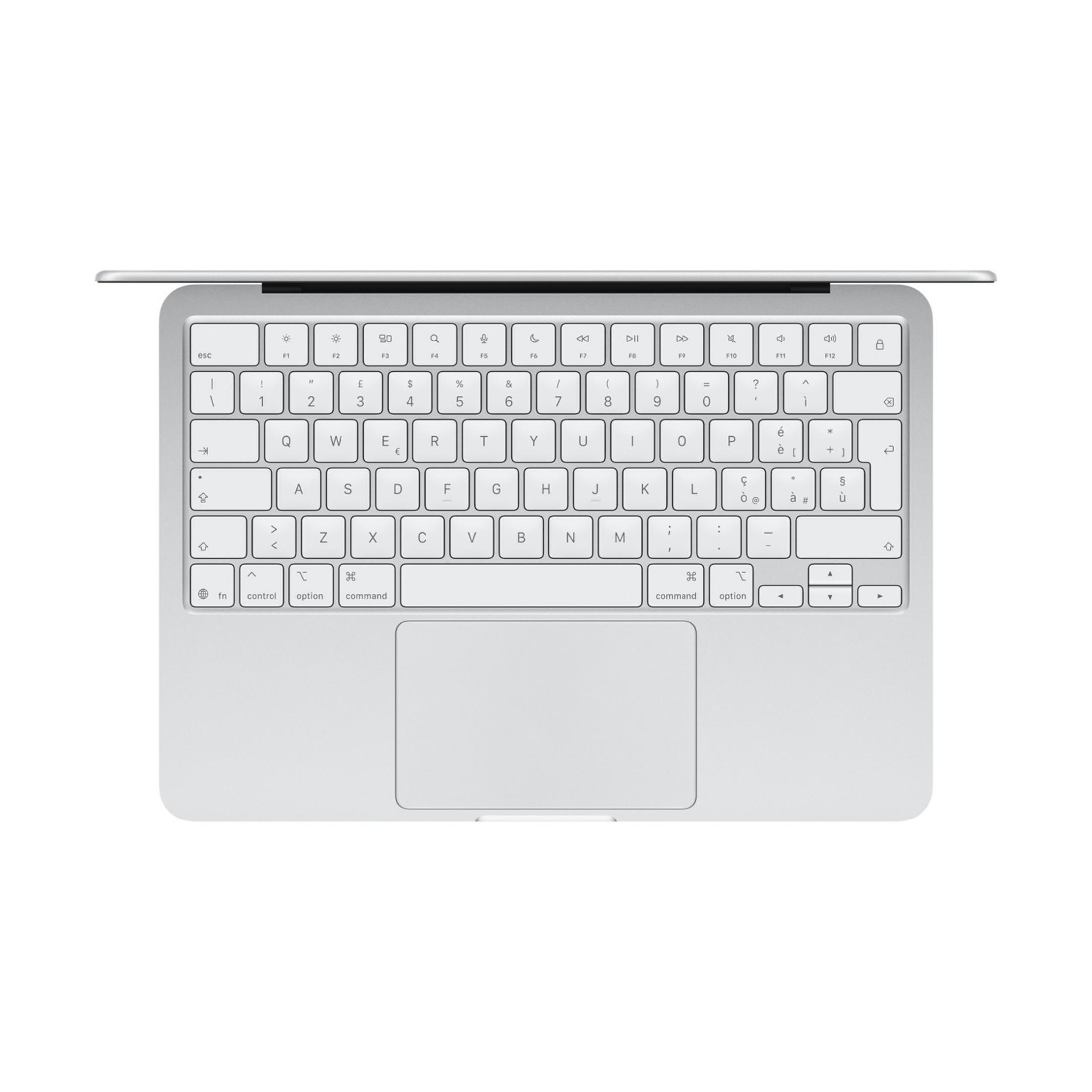 Un laptop argentato con tastiera e trackpad, visto dall'alto.