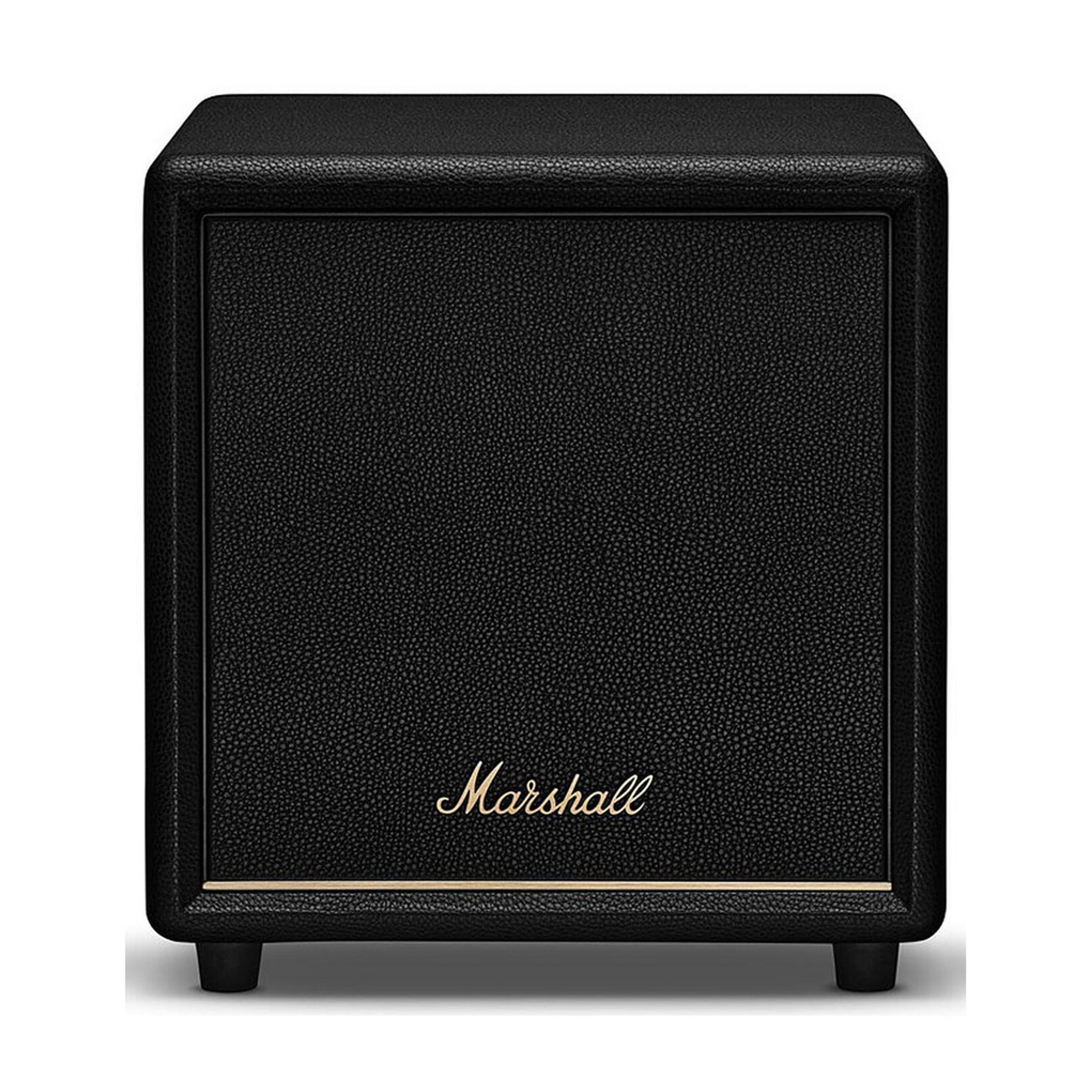 Un amplificatore Marshall nero con scritte dorate.