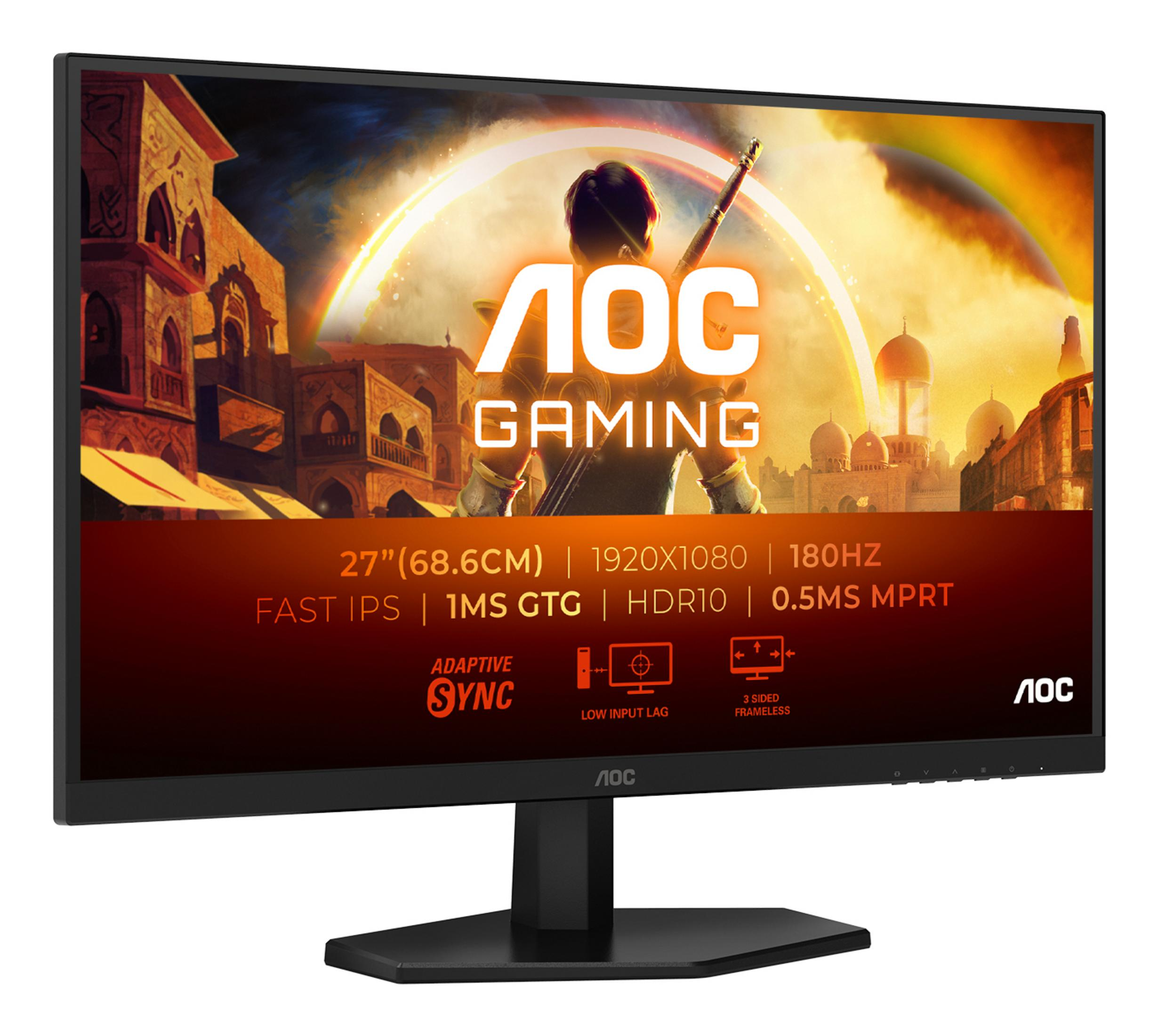 AOC Gaming Monitor zeigt eine Fantasy-Szene mit Krieger und arabischer Architektur.