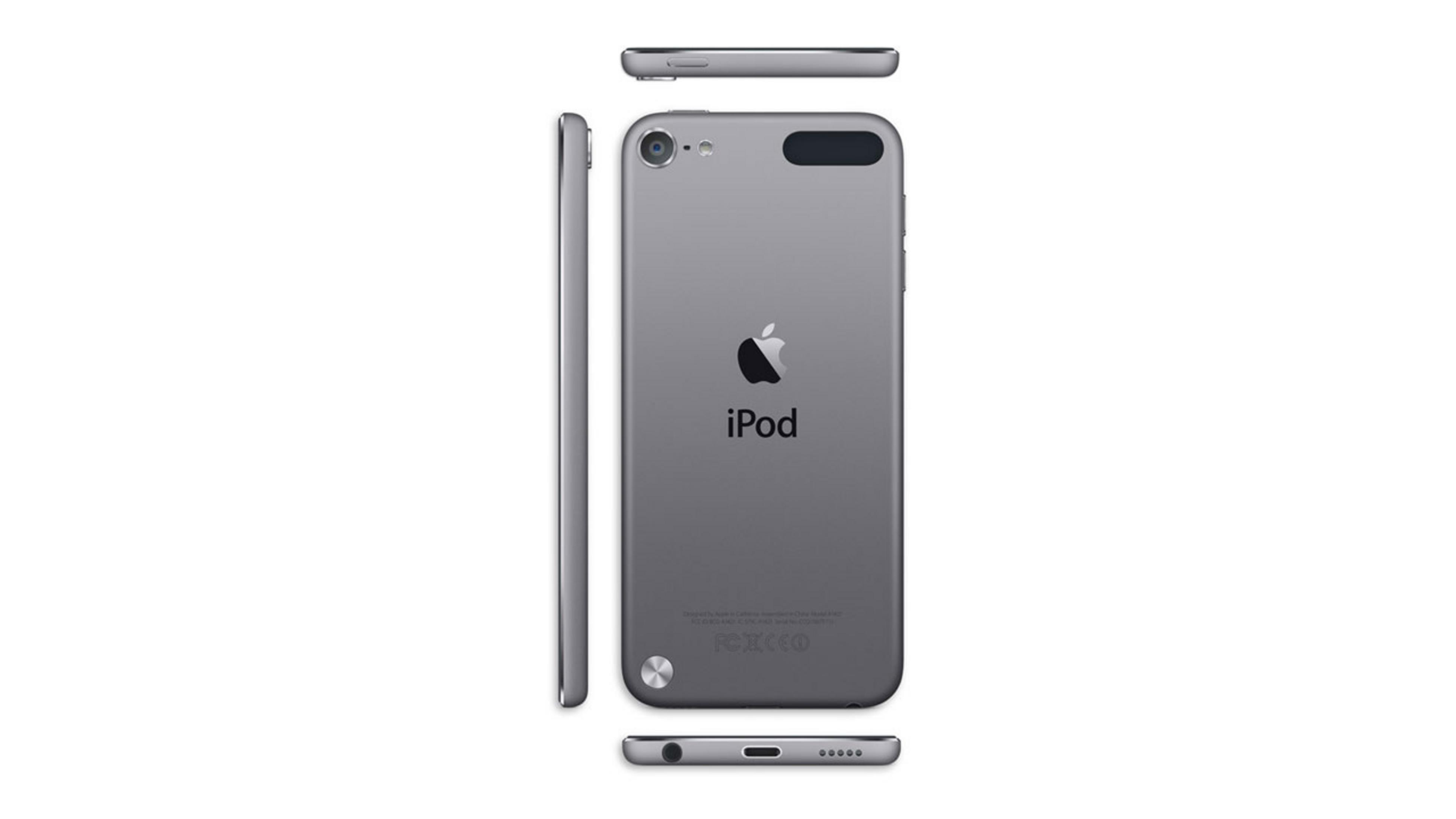 Grauer iPod mit Apple-Logo, Kamera und Anschlüssen auf weißem Hintergrund.
