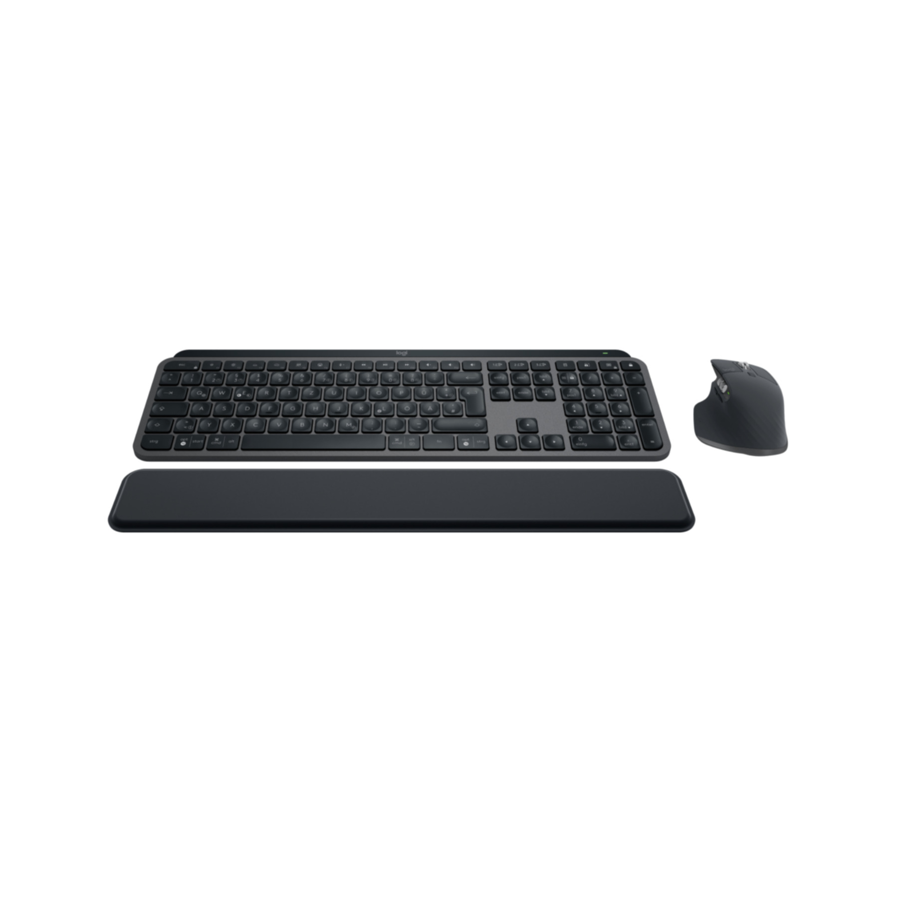 Clavier, souris et repose-poignets noirs sur fond blanc.