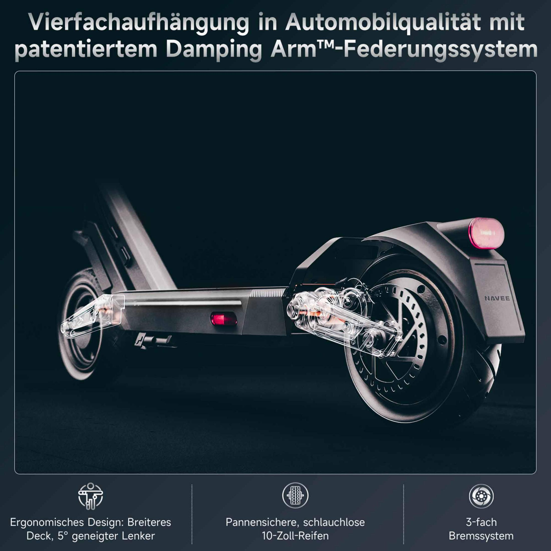 Elektroroller mit Vierfachaufhängung, breiterem Deck und 10-Zoll-Reifen.