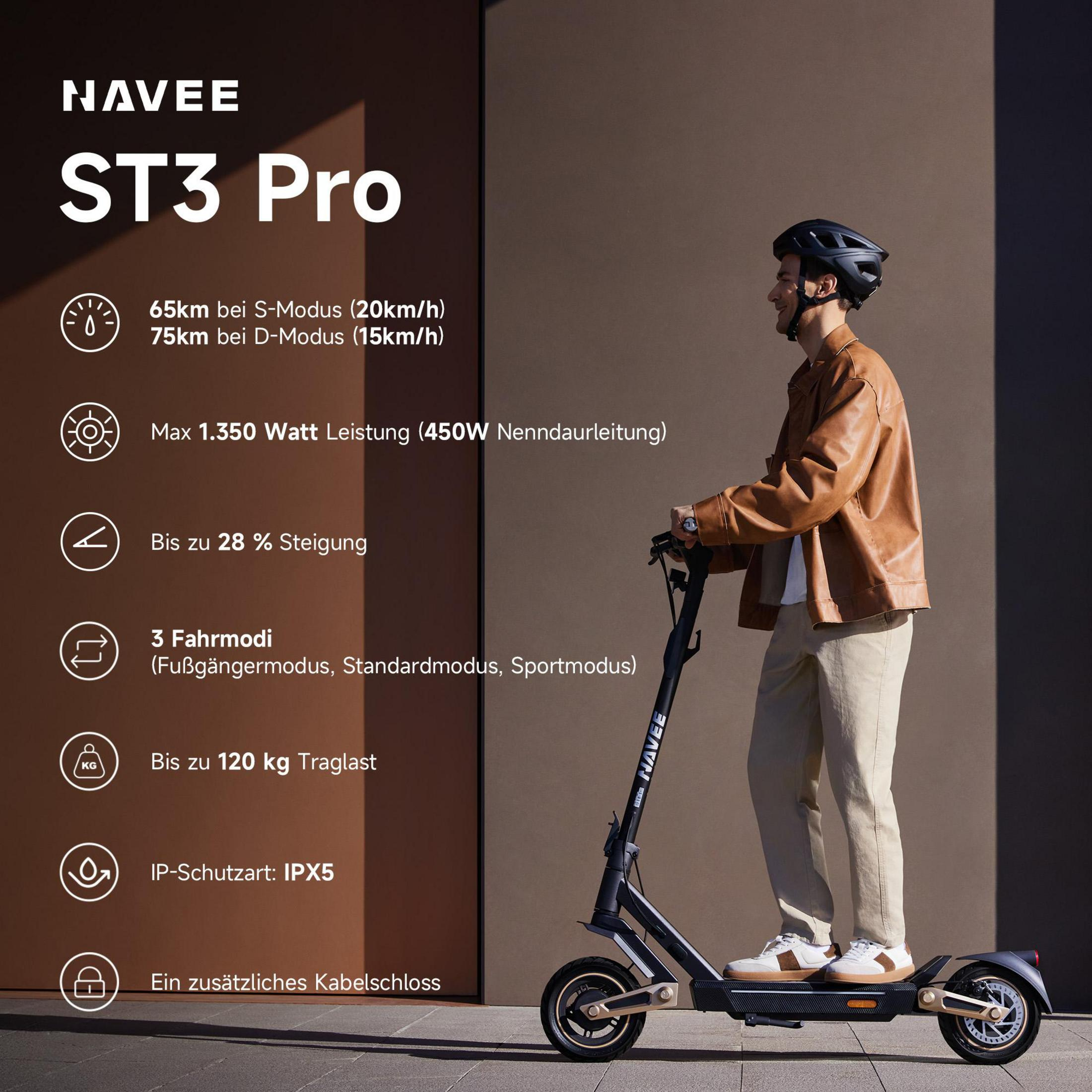 Mann mit Helm fährt Navie ST3 Pro E-Scooter, Spezifikationen aufgelistet.