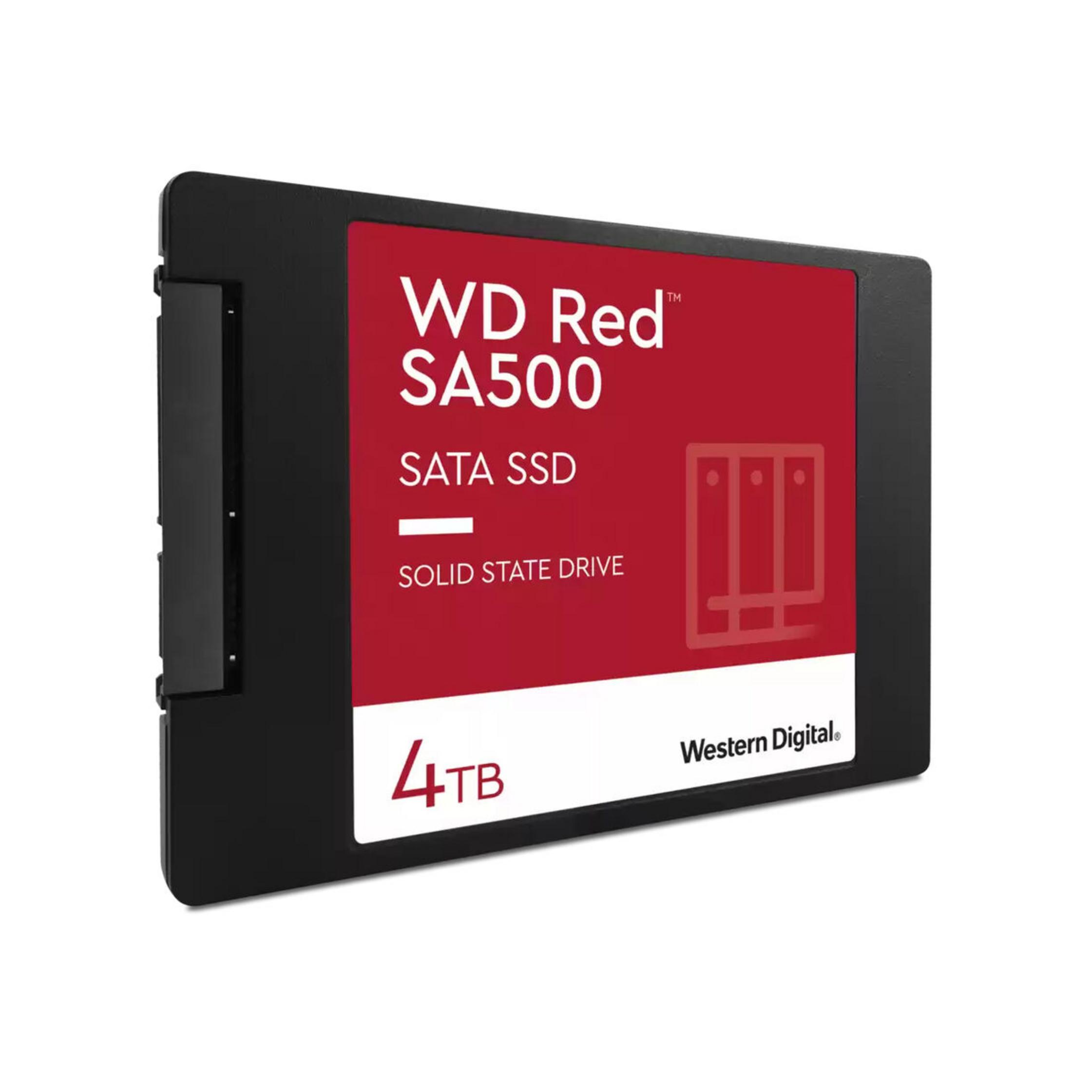 Czarny dysk SSD SATA WD Red SA500 4TB z czerwoną etykietą.