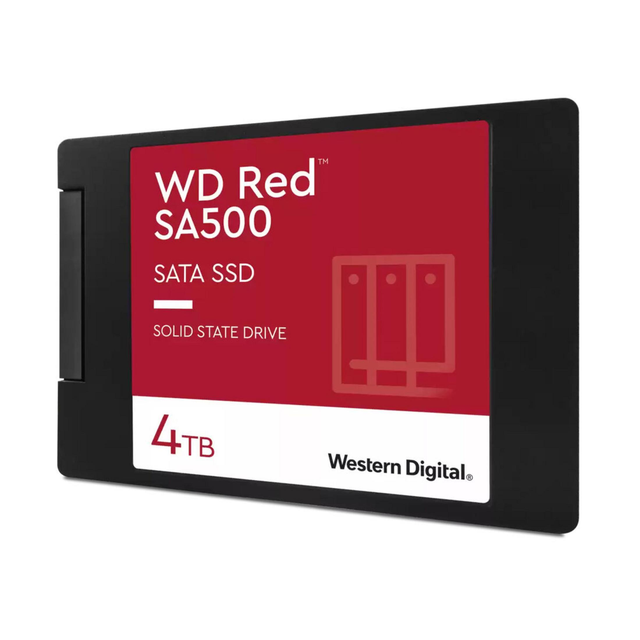 Czarny dysk SSD SATA WD Red SA500 4TB z czerwoną etykietą i białym tekstem.