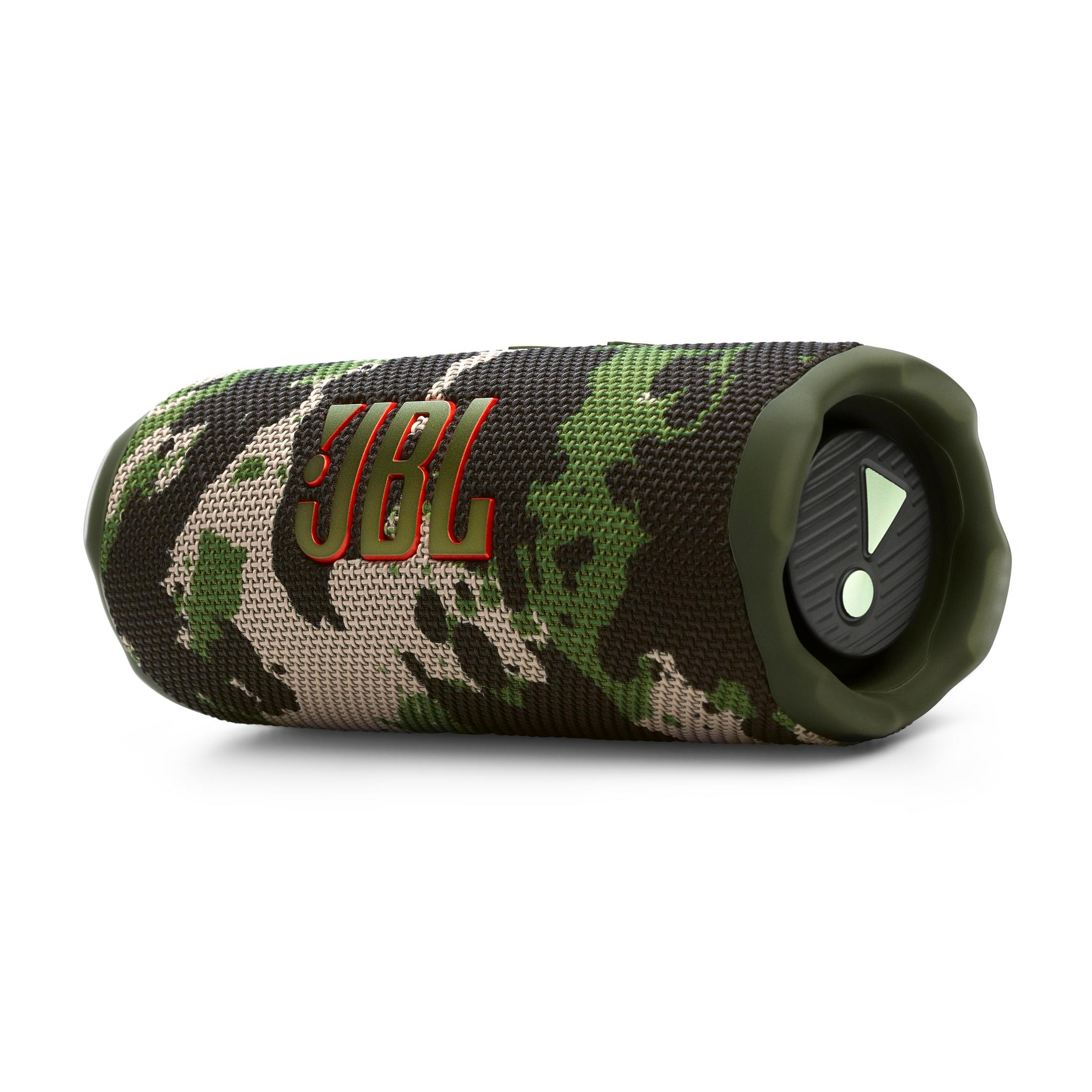 Altavoz JBL camuflado con logo rojo y acento verde.