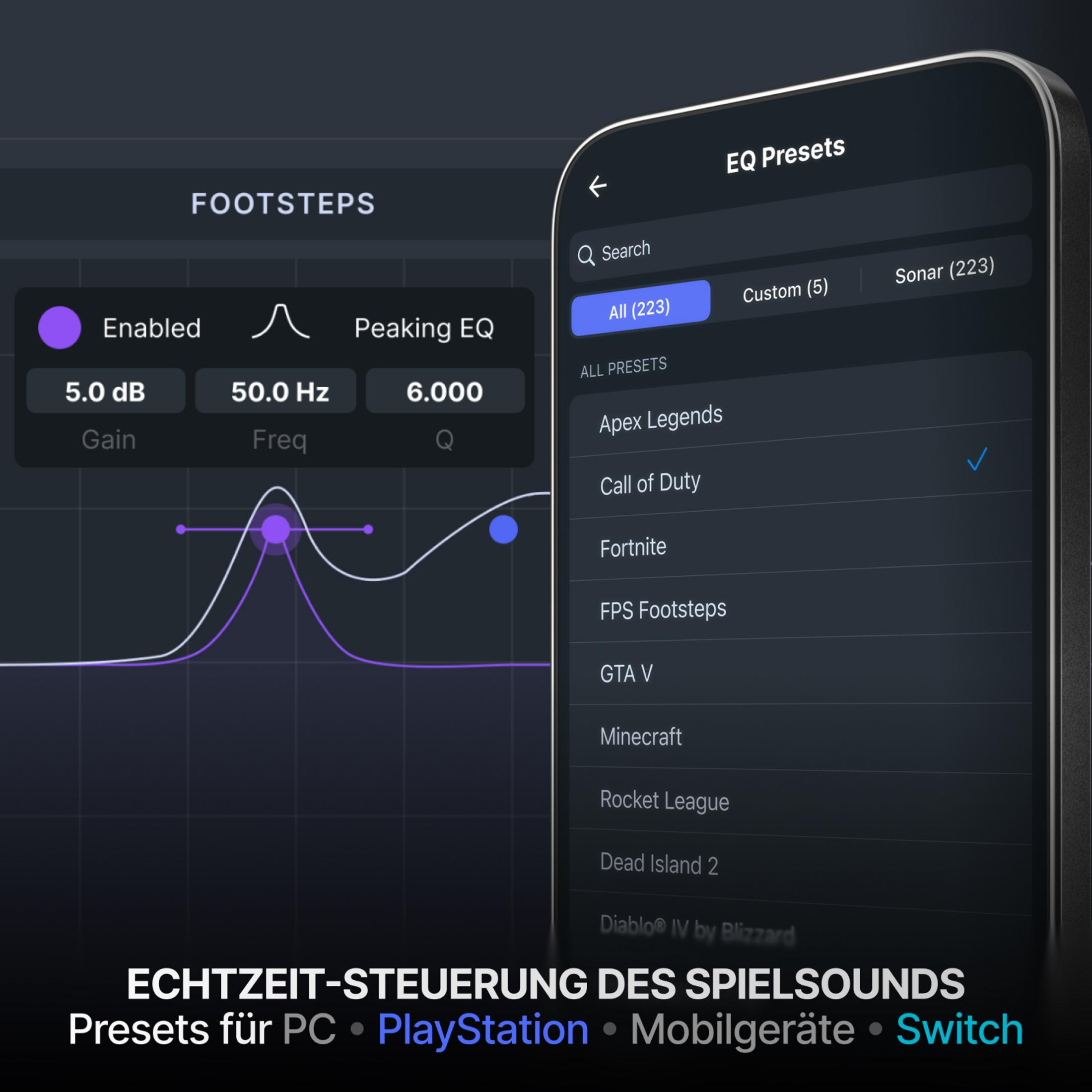 L'app EQ Presets mostra giochi come Apex Legends, Fortnite, GTA V. Curva di frequenza visibile.