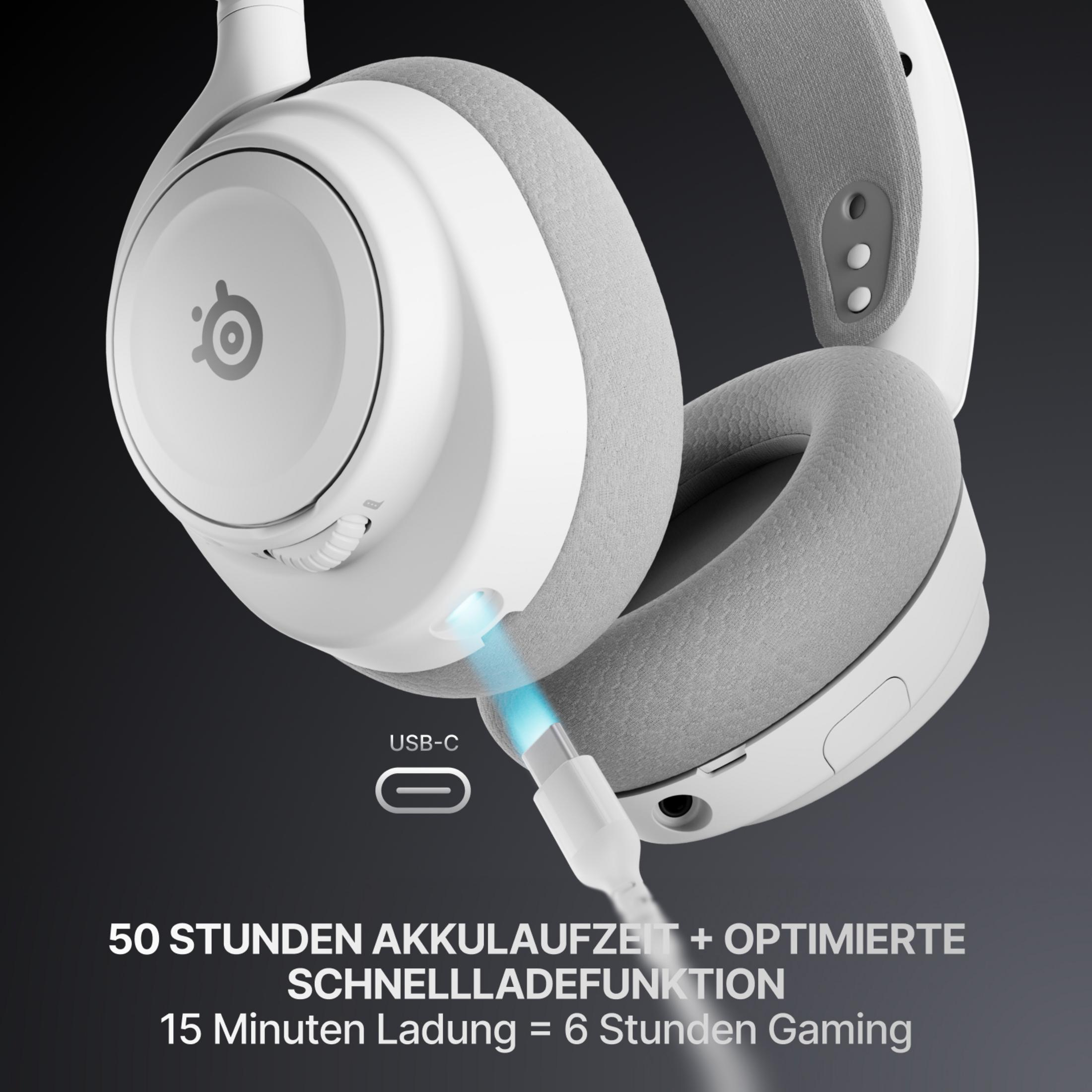 Cuffie bianche in carica via USB-C. 50 ore batteria, 15 min carica = 6 ore gioco.