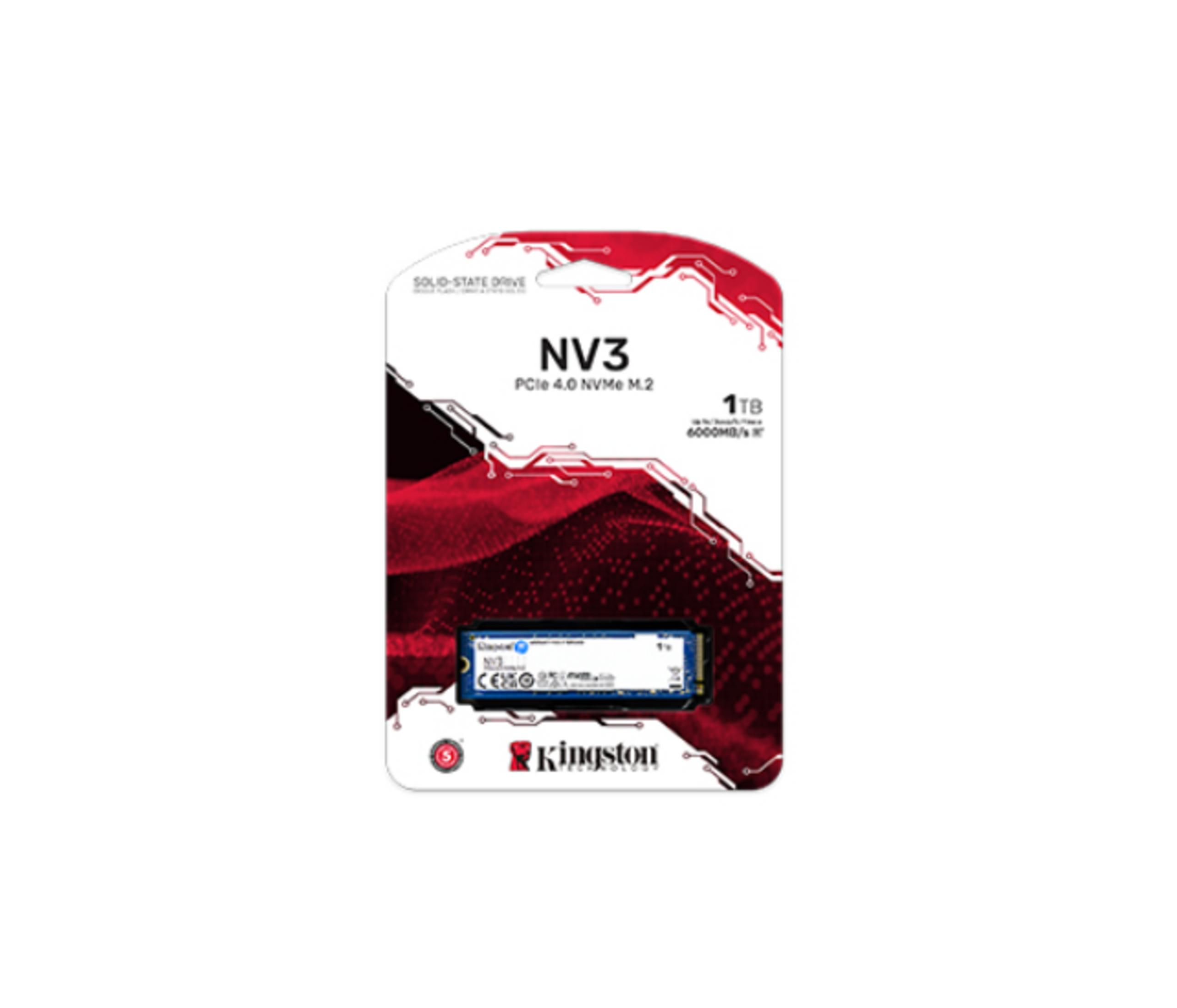 Confezione di un SSD Kingston NV3 1TB PCIe 4.0 NVMe M.2 con design rosso.