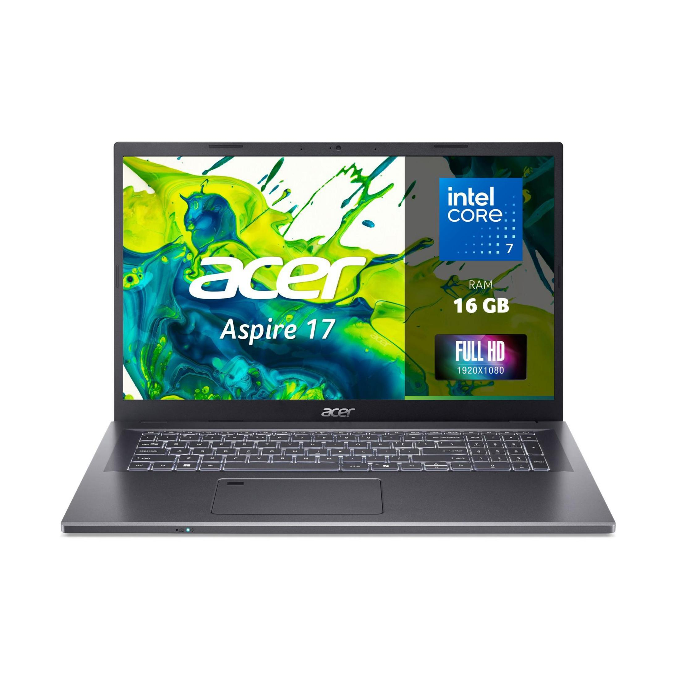 Ein dunkler Acer Aspire 17 Laptop mit Intel Core i7 Prozessor, 16 GB RAM, Full HD.