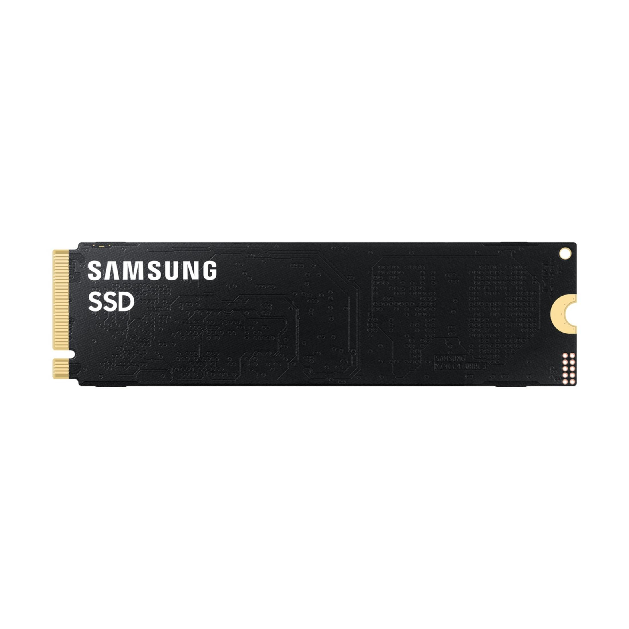Czarny dysk SSD Samsung ze złotym złączem i wzorem płytki drukowanej.