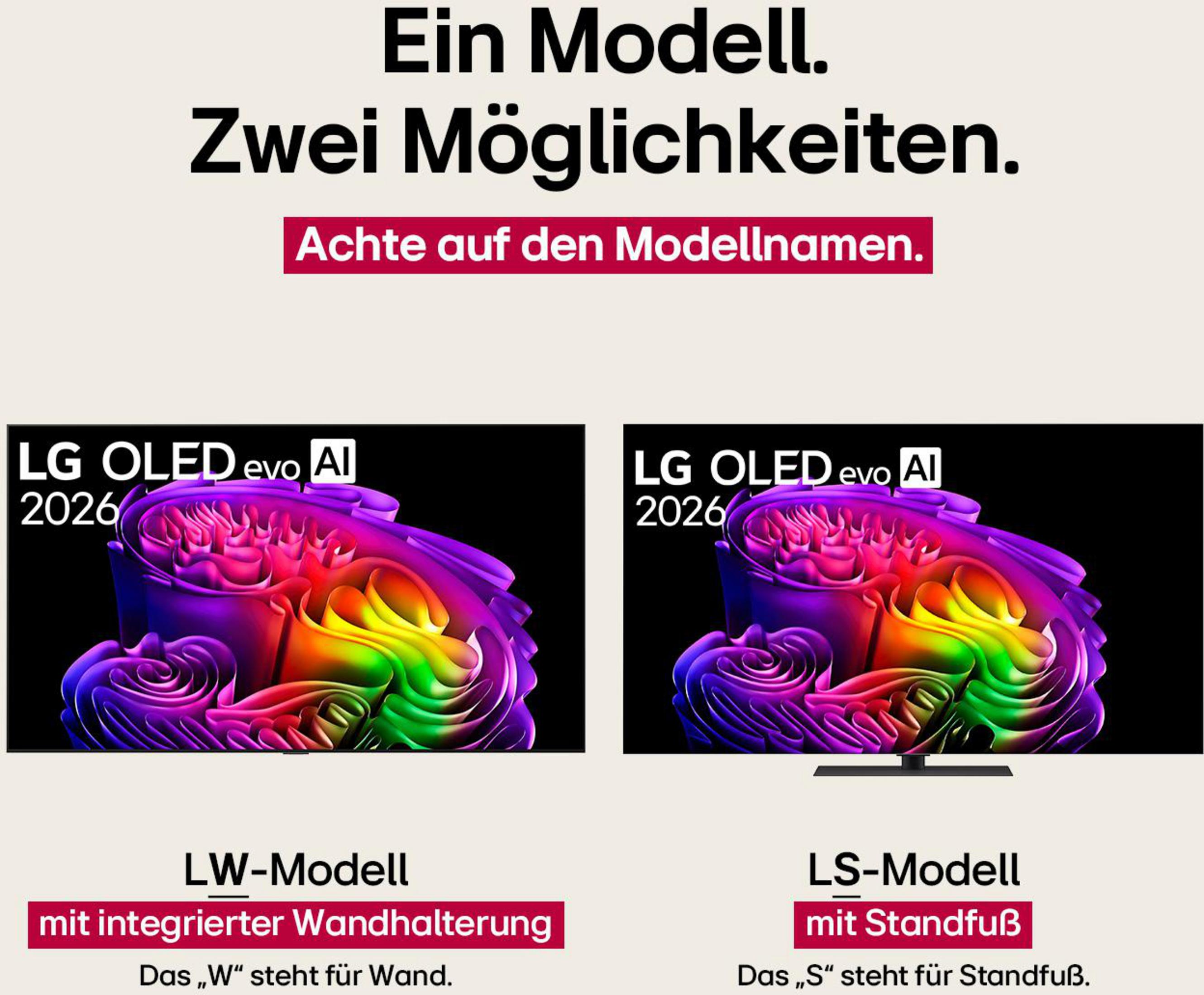 Zwei LG OLED evo AI 2026 Modelle: LW (Wand) und LS (Standfuß).