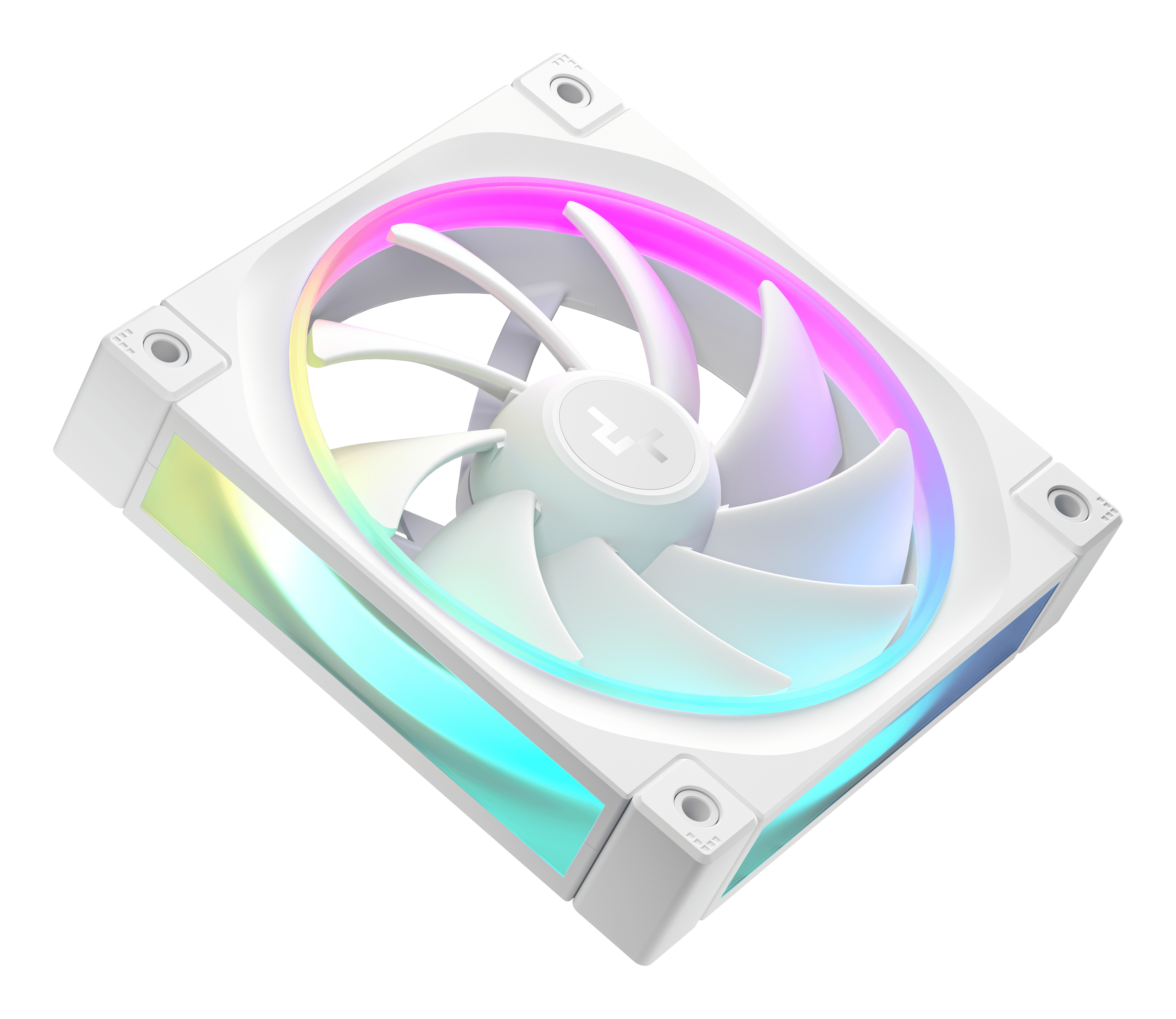 Ein weißer PC-Lüfter mit mehrfarbiger RGB-Beleuchtung auf den Rotorblättern.