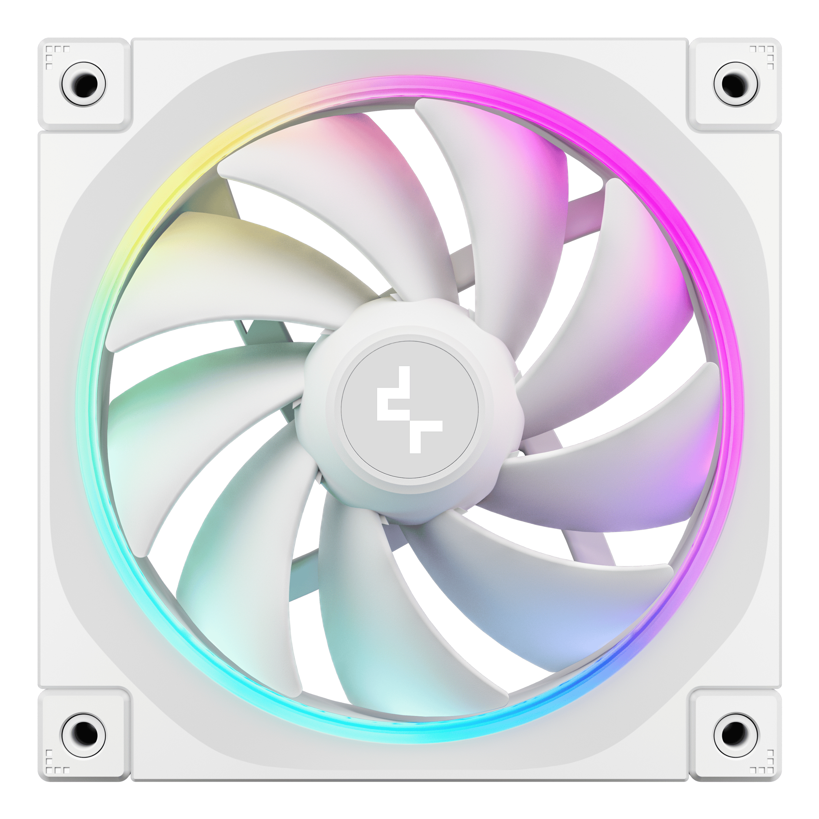 Ein weißer Computerlüfter mit RGB-Beleuchtung, der von oben gezeigt wird.