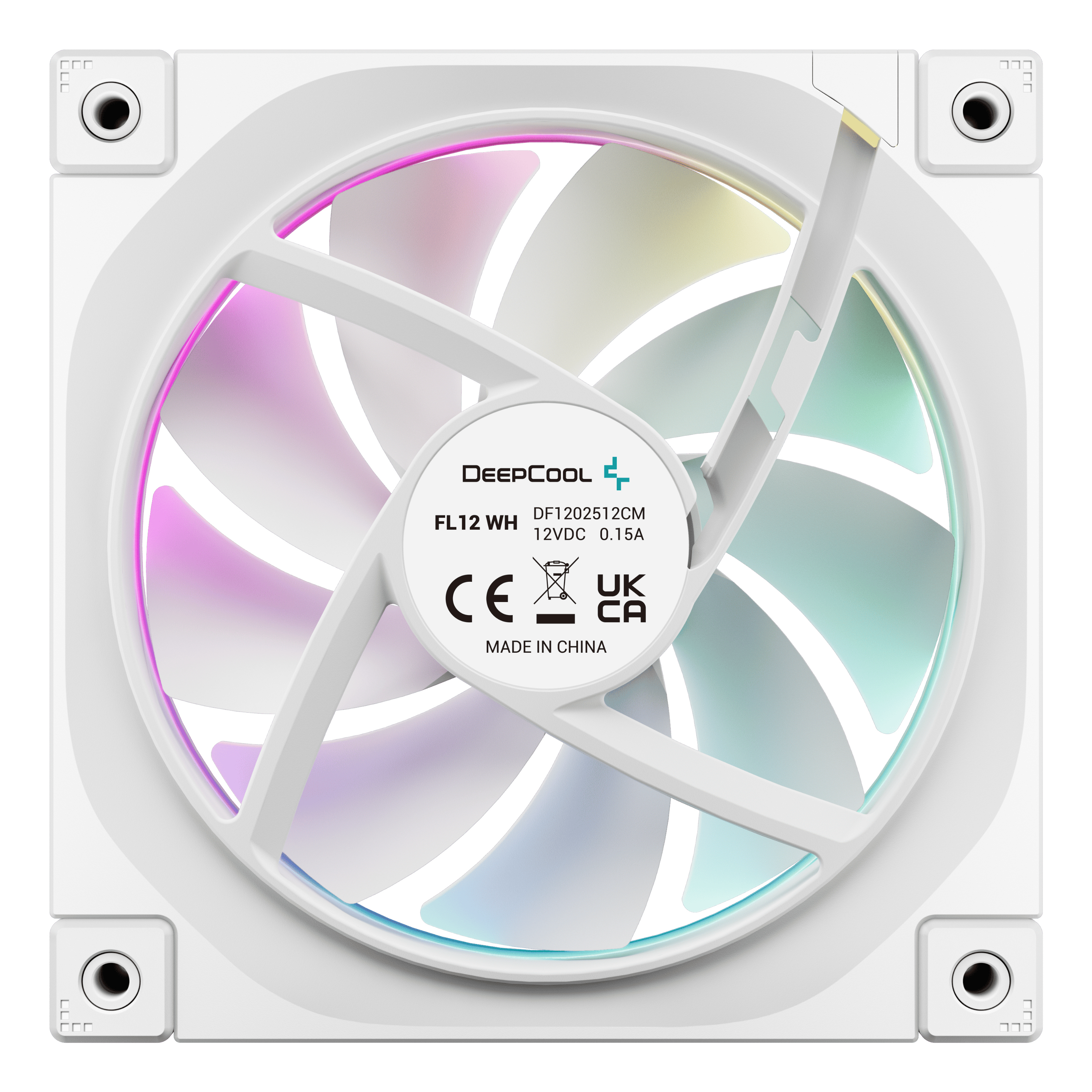 Ein weißer Computerlüfter mit RGB-Beleuchtung und dem DeepCool-Logo.