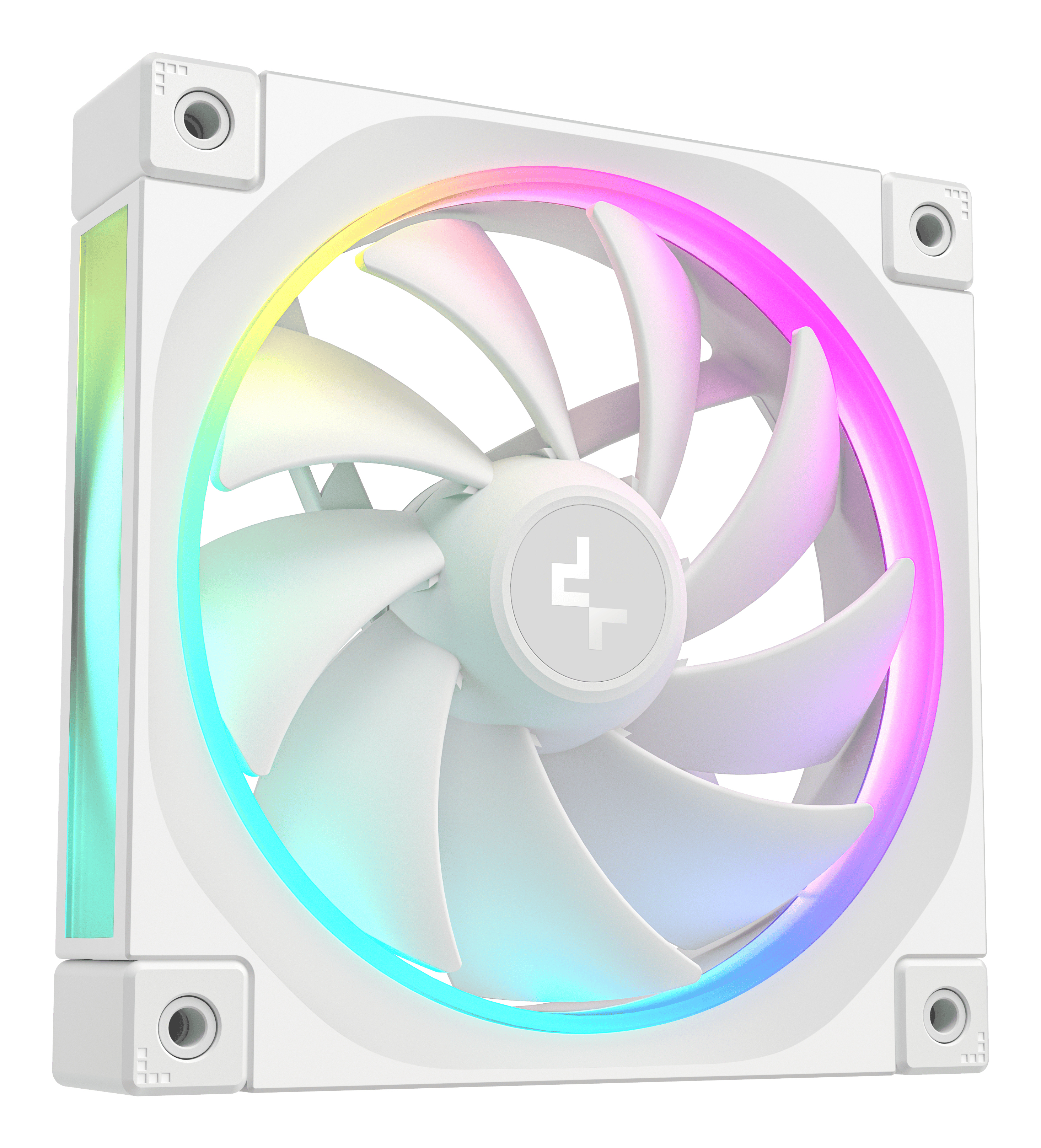 Ein weißer Computerlüfter mit RGB-Beleuchtung, der in verschiedenen Farben leuchtet.