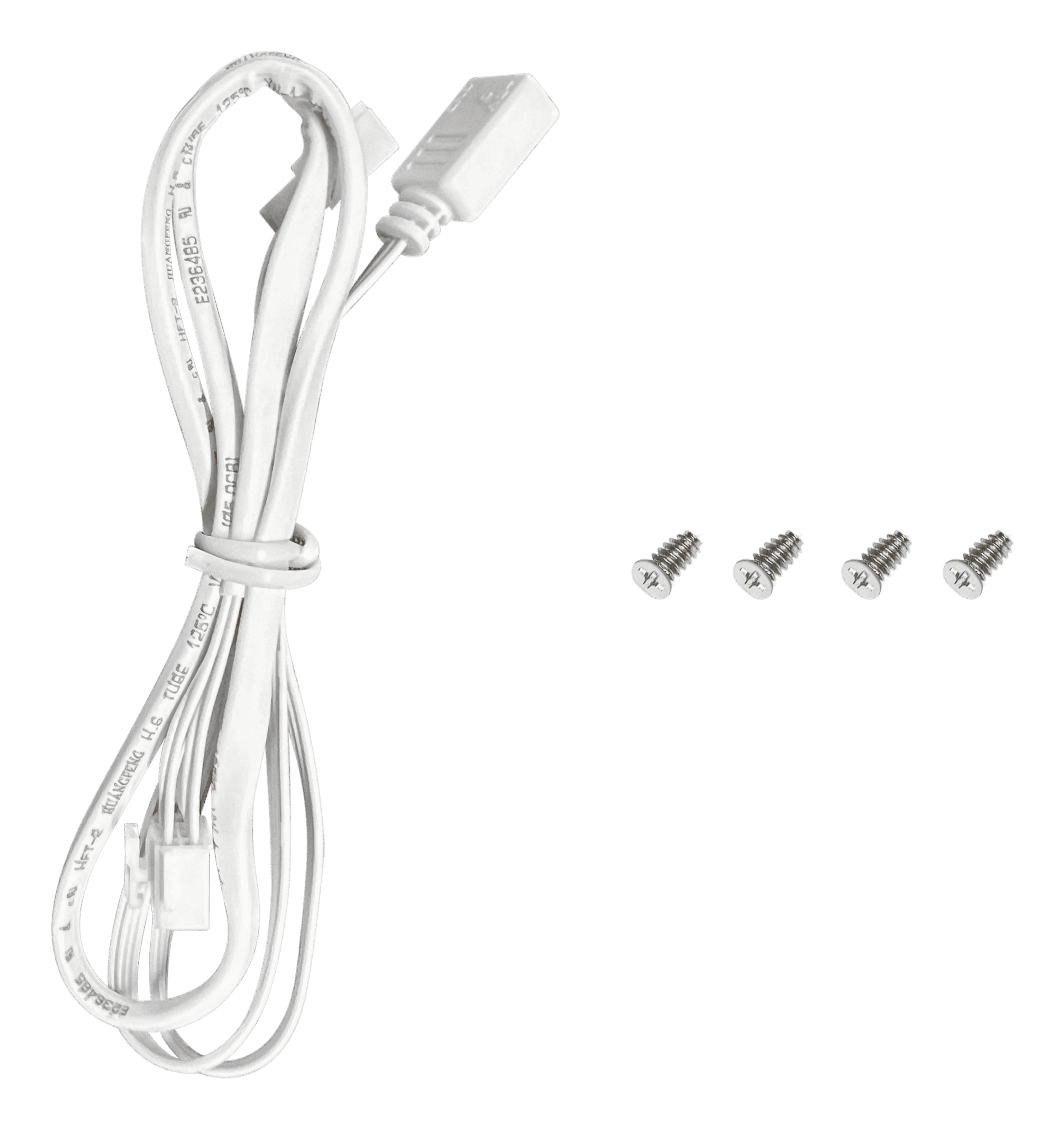 Ein weißes Kabel mit Stecker und vier Schrauben auf weißem Hintergrund.