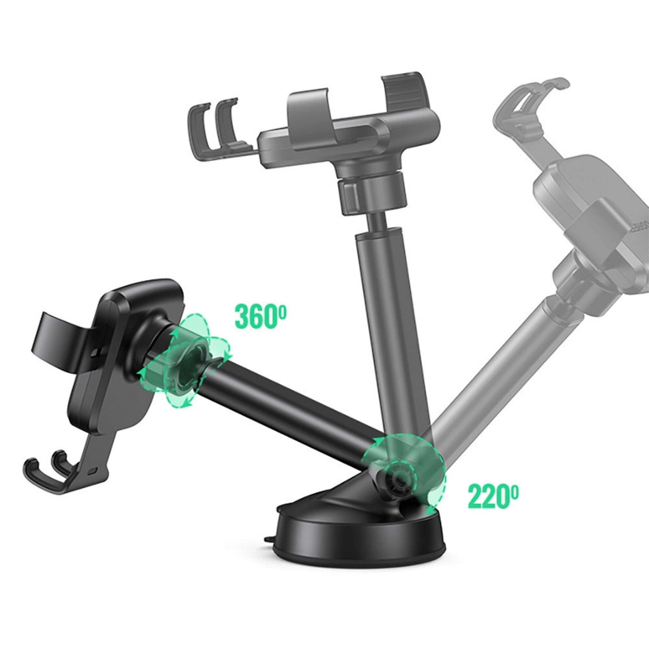 Ein schwarzer Handyhalter mit Saugfuß zeigt 360° und 220° Bewegungsspielraum an.