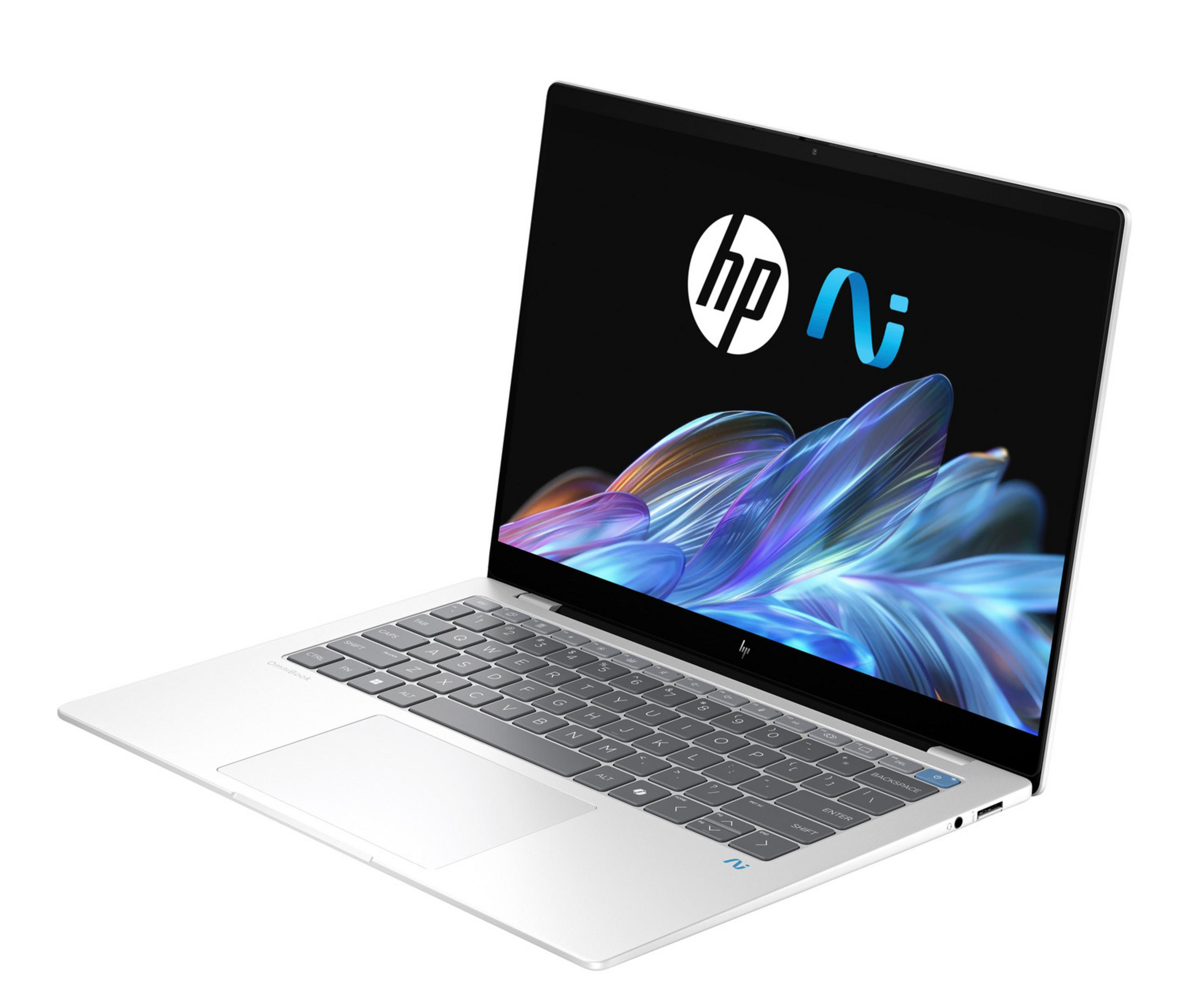 Un portátil plateado que muestra el logo de HP y un fondo abstracto azul y morado.