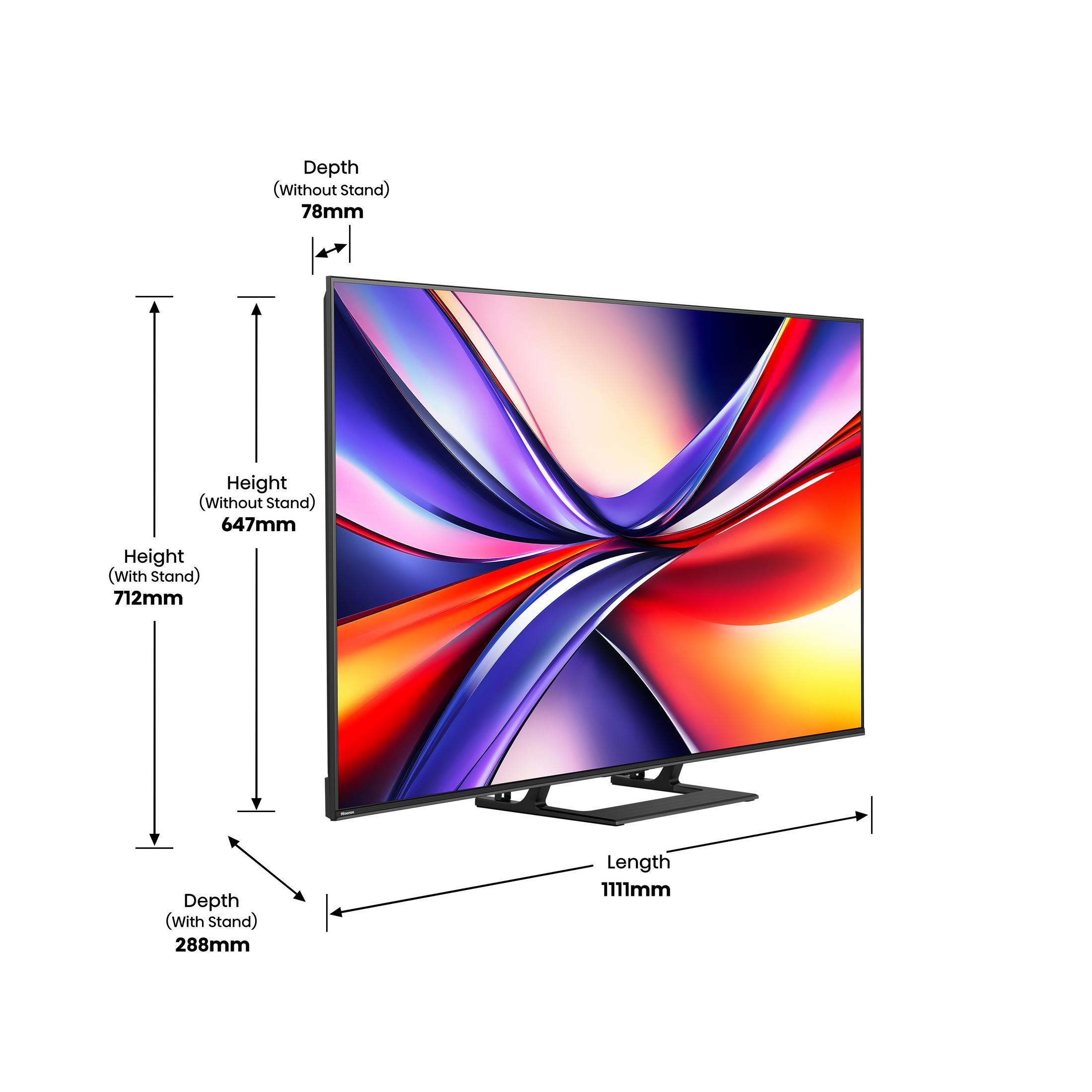 Un televisor moderno con protector de pantalla colorido y dimensiones.