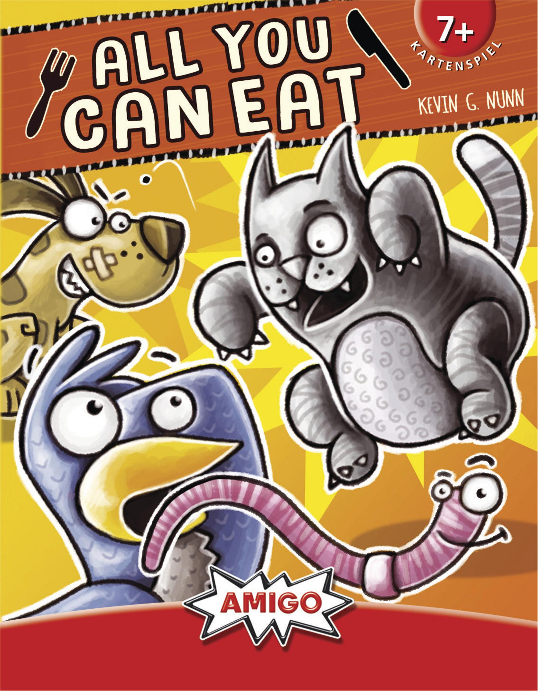 Une couverture de dessin animé avec un chien, un chat, un oiseau et un ver en compétition pour la nourriture.