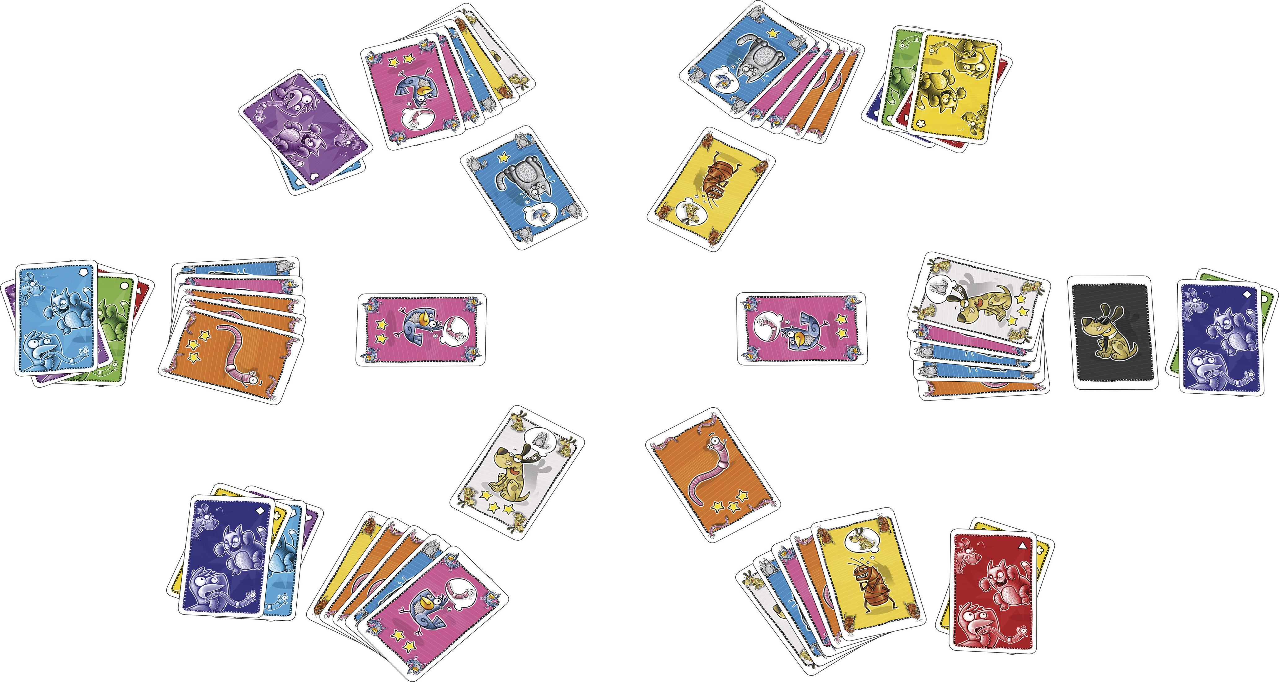 De nombreuses cartes de jeu colorées avec des animaux et insectes humoristiques en dessin animé.