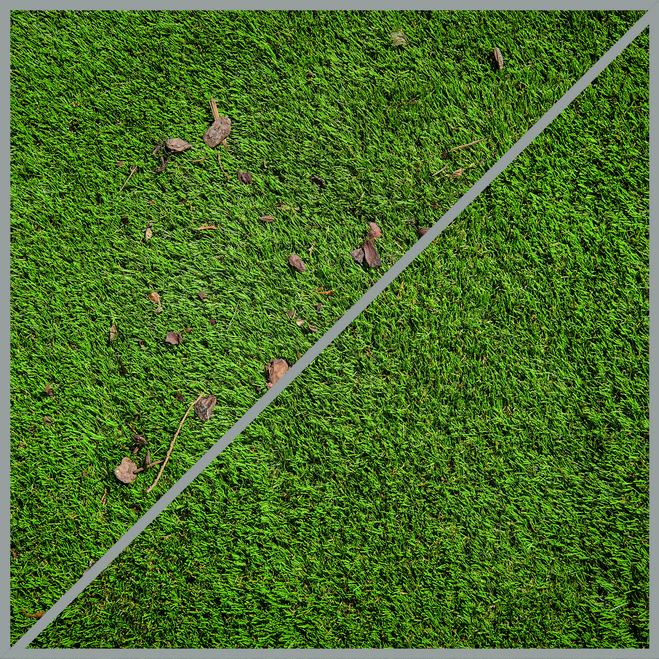 Grüner Kunstrasen mit einigen braunen Blättern und Zweigen, diagonal geteilt.