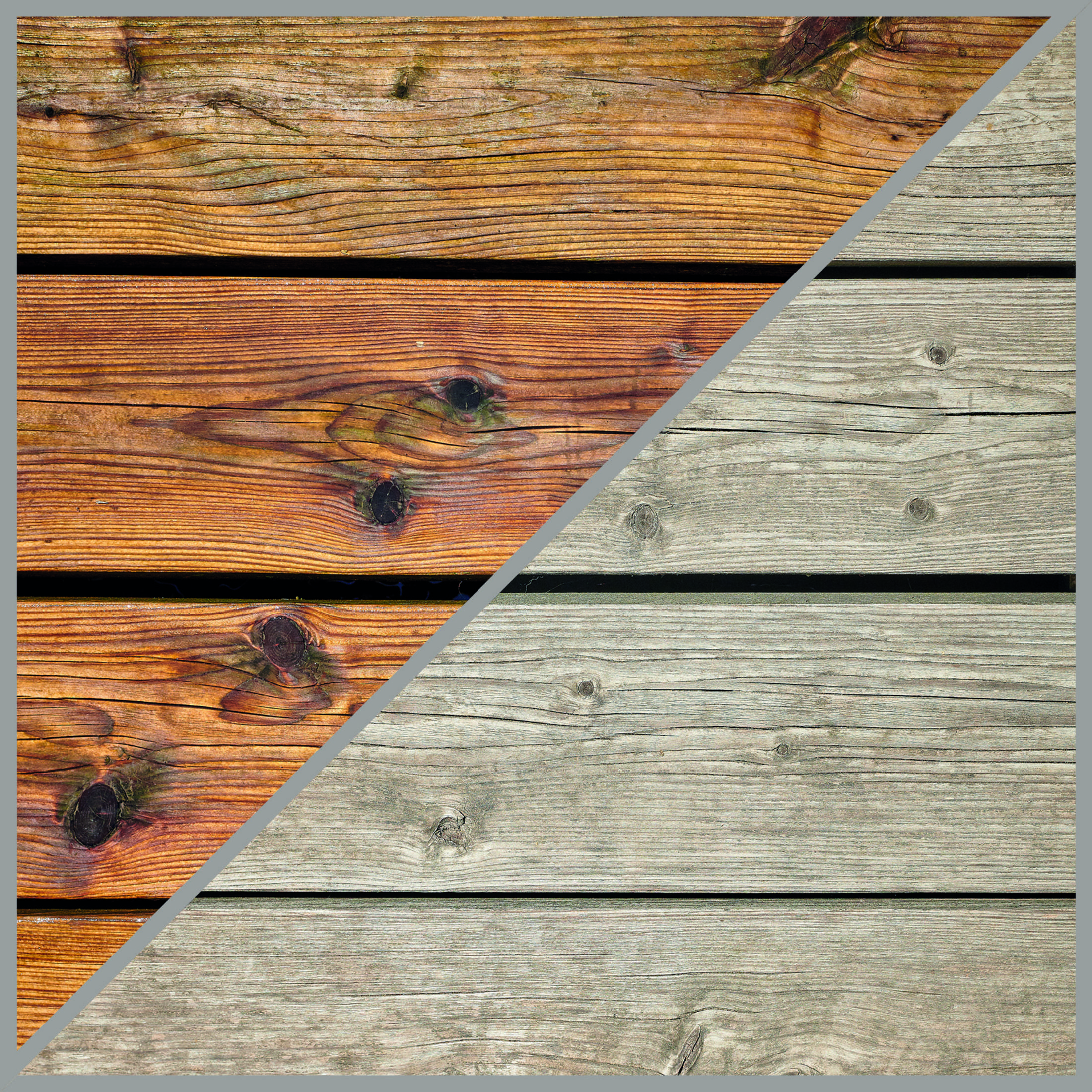 Holzoberfläche, geteilt diagonal. Oben links braun, unten rechts grau.