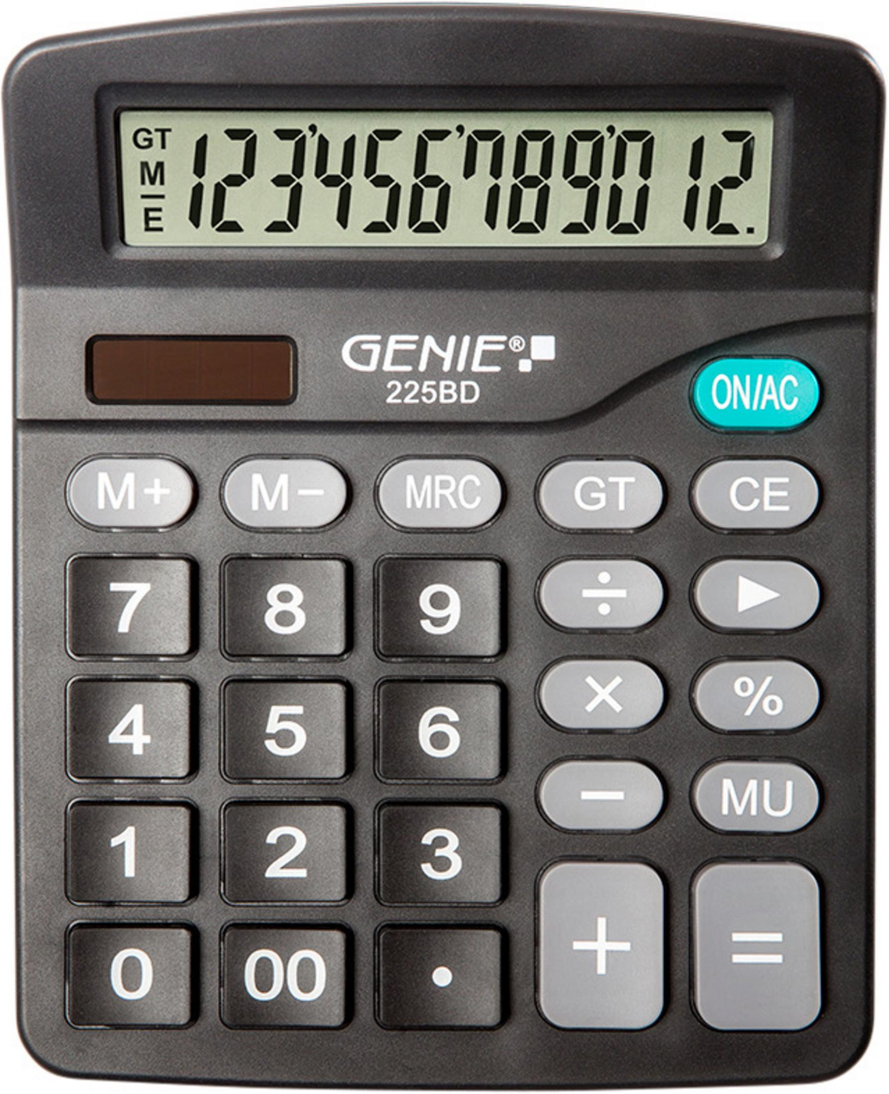 Calcolatrice Genie grigia con tastiera completa e display LCD.